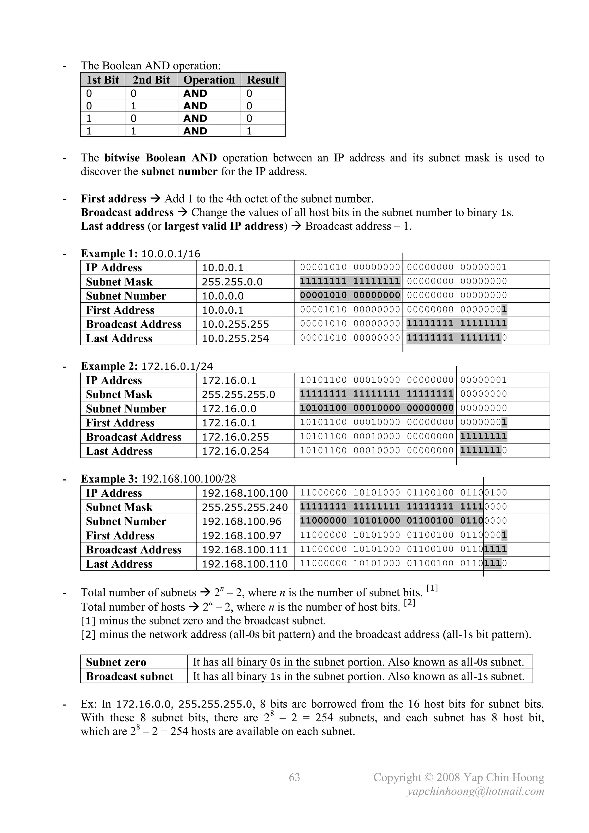 -   The Boolean AND operation:
     1st Bit 2nd Bit Operation          Result
     0        0           AND          0
     0        1           AND          0
     1        0           AND          0
     1        1           AND          1

-   The bitwise Boolean AND operation between an IP address and its subnet mask is used to
    discover the subnet number for the IP address.

-   First address  Add 1 to the 4th octet of the subnet number.
    Broadcast address  Change the values of all host bits in the subnet number to binary 1s.
    Last address (or largest valid IP address)  Broadcast address – 1.

-   Example 1: 10.0.0.1/16
     IP Address            10.0.0.1                00001010    00000000   00000000    00000001
     Subnet Mask           255.255.0.0             11111111    11111111   00000000    00000000
     Subnet Number         10.0.0.0                00001010    00000000   00000000    00000000
     First Address         10.0.0.1                00001010    00000000   00000000    00000001
     Broadcast Address     10.0.255.255            00001010    00000000   11111111    11111111
     Last Address          10.0.255.254            00001010    00000000   11111111    11111110

-   Example 2: 172.16.0.1/24
     IP Address           172.16.0.1               10101100    00010000   00000000    00000001
     Subnet Mask          255.255.255.0            11111111    11111111   11111111    00000000
     Subnet Number        172.16.0.0               10101100    00010000   00000000    00000000
     First Address        172.16.0.1               10101100    00010000   00000000    00000001
     Broadcast Address    172.16.0.255             10101100    00010000   00000000    11111111
     Last Address         172.16.0.254             10101100    00010000   00000000    11111110

-   Example 3: 192.168.100.100/28
     IP Address           192.168.100.100          11000000    10101000   01100100    01100100
     Subnet Mask          255.255.255.240          11111111    11111111   11111111    11110000
     Subnet Number        192.168.100.96           11000000    10101000   01100100    01100000
     First Address        192.168.100.97           11000000    10101000   01100100    01100001
     Broadcast Address    192.168.100.111          11000000    10101000   01100100    01101111
     Last Address         192.168.100.110          11000000    10101000   01100100    01101110


-   Total number of subnets  2n – 2, where n is the number of subnet bits. [1]
    Total number of hosts  2n – 2, where n is the number of host bits. [2]
    [1] minus the subnet zero and the broadcast subnet.
    [2] minus the network address (all-0s bit pattern) and the broadcast address (all-1s bit pattern).

     Subnet zero            It has all binary 0s in the subnet portion. Also known as all-0s subnet.
     Broadcast subnet       It has all binary 1s in the subnet portion. Also known as all-1s subnet.

-   Ex: In 172.16.0.0, 255.255.255.0, 8 bits are borrowed from the 16 host bits for subnet bits.
    With these 8 subnet bits, there are 2 8 – 2 = 254 subnets, and each subnet has 8 host bit,
    which are 28 – 2 = 254 hosts are available on each subnet.


                                                 63                Copyright © 2008 Yap Chin Hoong
                                                                         yapchinhoong@hotmail.com
 