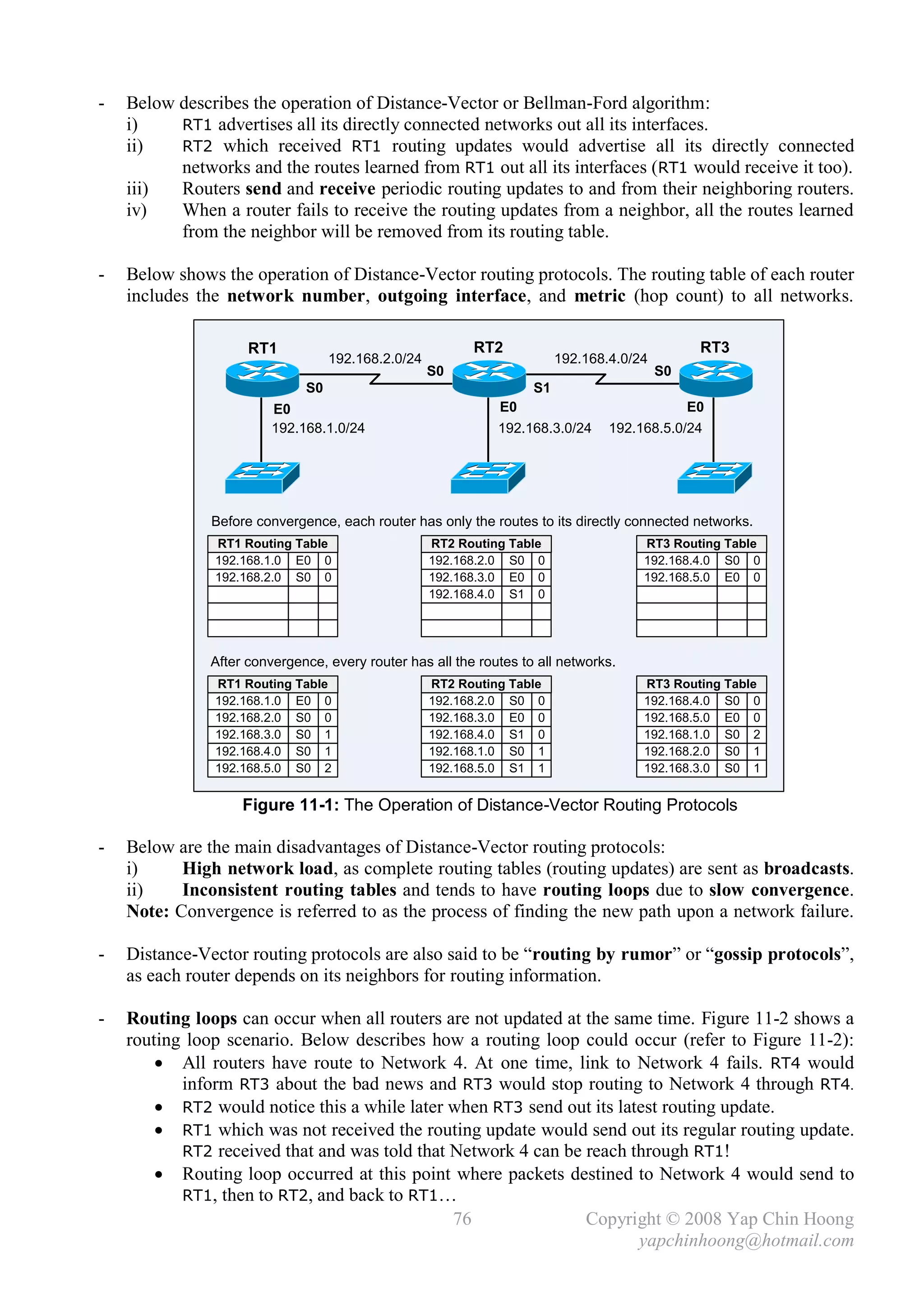 -   Below describes the operation of Distance-Vector or Bellman-Ford algorithm:
    i)    RT1 advertises all its directly connected networks out all its interfaces.
    ii)   RT2 which received RT1 routing updates would advertise all its directly connected
          networks and the routes learned from RT1 out all its interfaces (RT1 would receive it too).
    iii)  Routers send and receive periodic routing updates to and from their neighboring routers.
    iv)   When a router fails to receive the routing updates from a neighbor, all the routes learned
          from the neighbor will be removed from its routing table.

-   Below shows the operation of Distance-Vector routing protocols. The routing table of each router
    includes the network number, outgoing interface, and metric (hop count) to all networks.

                     RT1                                  RT2                                   RT3
                                   192.168.2.0/24                        192.168.4.0/24
                                                    S0                                    S0
                              S0                                    S1
                         E0                                   E0                               E0
                         192.168.1.0/24                       192.168.3.0/24     192.168.5.0/24




               Before convergence, each router has only the routes to its directly connected networks.
               RT1 Routing Table                    RT2 Routing Table                 RT3 Routing Table
               192.168.1.0 E0 0                     192.168.2.0 S0 0                  192.168.4.0 S0 0
               192.168.2.0 S0 0                     192.168.3.0 E0 0                  192.168.5.0 E0 0
                                                    192.168.4.0 S1 0




               After convergence, every router has all the routes to all networks.
               RT1 Routing Table                    RT2 Routing Table                 RT3 Routing Table
               192.168.1.0 E0 0                     192.168.2.0 S0 0                  192.168.4.0 S0 0
               192.168.2.0 S0 0                     192.168.3.0 E0 0                  192.168.5.0 E0 0
               192.168.3.0 S0 1                     192.168.4.0 S1 0                  192.168.1.0 S0 2
               192.168.4.0 S0 1                     192.168.1.0 S0 1                  192.168.2.0 S0 1
               192.168.5.0 S0 2                     192.168.5.0 S1 1                  192.168.3.0 S0 1


                    Figure 11-1: The Operation of Distance-Vector Routing Protocols

-   Below are the main disadvantages of Distance-Vector routing protocols:
    i)     High network load, as complete routing tables (routing updates) are sent as broadcasts.
    ii)    Inconsistent routing tables and tends to have routing loops due to slow convergence.
    Note: Convergence is referred to as the process of finding the new path upon a network failure.

-   Distance-Vector routing protocols are also said to be “routing by rumor” or “gossip protocols”,
    as each router depends on its neighbors for routing information.

-   Routing loops can occur when all routers are not updated at the same time. Figure 11-2 shows a
    routing loop scenario. Below describes how a routing loop could occur (refer to Figure 11-2):
         All routers have route to Network 4. At one time, link to Network 4 fails. RT4 would
           inform RT3 about the bad news and RT3 would stop routing to Network 4 through RT4.
         RT2 would notice this a while later when RT3 send out its latest routing update.
         RT1 which was not received the routing update would send out its regular routing update.
           RT2 received that and was told that Network 4 can be reach through RT1!
         Routing loop occurred at this point where packets destined to Network 4 would send to
           RT1, then to RT2, and back to RT1…
                                               76               Copyright © 2008 Yap Chin Hoong
                                                                       yapchinhoong@hotmail.com
 