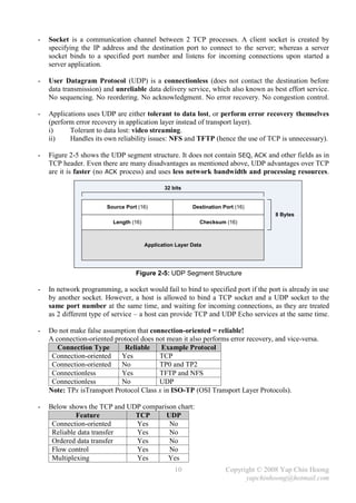 -   Socket is a communication channel between 2 TCP processes. A client socket is created by
    specifying the IP address and the destination port to connect to the server; whereas a server
    socket binds to a specified port number and listens for incoming connections upon started a
    server application.

-   User Datagram Protocol (UDP) is a connectionless (does not contact the destination before
    data transmission) and unreliable data delivery service, which also known as best effort service.
    No sequencing. No reordering. No acknowledgment. No error recovery. No congestion control.

-   Applications uses UDP are either tolerant to data lost, or perform error recovery themselves
    (perform error recovery in application layer instead of transport layer).
    i)     Tolerant to data lost: video streaming.
    ii)    Handles its own reliability issues: NFS and TFTP (hence the use of TCP is unnecessary).

-   Figure 2-5 shows the UDP segment structure. It does not contain SEQ, ACK and other fields as in
    TCP header. Even there are many disadvantages as mentioned above, UDP advantages over TCP
    are it is faster (no ACK process) and uses less network bandwidth and processing resources.

                                               32 bits


                        Source Port (16)                  Destination Port (16)
                                                                                     8 Bytes
                          Length (16)                        Checksum (16)



                                        Application Layer Data




                                   Figure 2-5: UDP Segment Structure

-   In network programming, a socket would fail to bind to specified port if the port is already in use
    by another socket. However, a host is allowed to bind a TCP socket and a UDP socket to the
    same port number at the same time, and waiting for incoming connections, as they are treated
    as 2 different type of service – a host can provide TCP and UDP Echo services at the same time.

-   Do not make false assumption that connection-oriented = reliable!
    A connection-oriented protocol does not mean it also performs error recovery, and vice-versa.
       Connection Type       Reliable     Example Protocol
     Connection-oriented    Yes          TCP
     Connection-oriented    No           TP0 and TP2
     Connectionless         Yes          TFTP and NFS
     Connectionless         No           UDP
    Note: TPx isTransport Protocol Class x in ISO-TP (OSI Transport Layer Protocols).

-   Below shows the TCP and UDP comparison chart:
             Feature          TCP      UDP
     Connection-oriented      Yes       No
     Reliable data transfer   Yes       No
     Ordered data transfer    Yes       No
     Flow control             Yes       No
     Multiplexing             Yes       Yes
                                                   10                  Copyright © 2008 Yap Chin Hoong
                                                                             yapchinhoong@hotmail.com
 