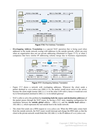 172.16.1.1, Port 1000                       150.1.1.1, Port 1000    200.1.1.1, Port 80


          172.16.1.1

                       172.16.1.2, Port 2000                        150.1.1.1, Port 1001   200.1.1.1, Port 80

                                                        PAT
          172.16.1.2


                       172.16.1.3, Port 3000                        150.1.1.1, Port 1002   200.1.1.1, Port 80   200.1.1.1


          172.16.1.3                       NAT Table of PAT router
                                         Inside Local         Inside Global
                                       172.16.1.1:1000      150.1.1.1:1000
                                       172.16.1.2:2000      150.1.1.1:1001
                                       172.16.1.3:3000      150.1.1.1:1002


                                        Figure 17-6: Port Address Translation

-   Overlapping Address Translation is a special NAT operation that is being used when
    addresses in the inside network overlap with addresses in the outside network, which can exist
    when an organization does not use private addressing (illustrated in Figure 17-7), or when 2
    companies that have similar IP addressing scheme merge due to business requirements.

                                                                  NAT
                                                        Private           Internet

                                                    192.168.1.1       150.1.1.1       www.yahoo.com
                                 200.1.1.2
                                                                                        200.1.1.1
                            Source        Destination                      Source      Destination
                           200.1.1.2      192.168.1.1      data           150.1.1.1     200.1.1.1     data


                            Source         Destination                     Source      Destination
                          192.168.1.1       200.1.1.2      data           200.1.1.1     150.1.1.1     data



                                 Figure 17-7: Overlapping Address Translation

-   Figure 17-7 shows a network with overlapping addresses. Whenever the client sends a
    packet destined to www.yahoo.com (200.1.1.1), the packet would never arrive at the server,
    because the client might assume 200.1.1.1 is on the same LAN with it, hence it would not even
    try to forward packets destined to 200.1.1.1 to its default gateway!

-   NAT is able to solve this problem by translating both the source and destination addresses of
    the packet passes through the NAT router, by having a NAT static mapping configuration for
    translation between the outside global address – 200.1.1.1, and the outside local address –
    192.168.1.1, which represents the real outside host to the inside network.

-   The client first sends out a DNS request to www.yahoo.com. When the DNS reply comes back
    from the outside network, the NAT router would intercept and change the DNS reply so that the
    client in the private network would think that 192.168.1.1 is the IP address of www.yahoo.com.




                                                             128                      Copyright © 2008 Yap Chin Hoong
                                                                                            yapchinhoong@hotmail.com
 