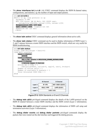 -   The show interfaces bri{num:0 | 1} EXEC command displays the ISDN B channel status,
    configurations, and statistics, eg: the number of input and output packets.
     RT1#sh int bri0:1
     BRI0:1 is up, line protocol is up
       Hardware is BRI
       MTU 1500 bytes, BW 64 Kbit, DLY 20000 usec,
          reliability 255/255, txload 1/255, rxload 1/255
       Encapsulation PPP, LCP Open
       Open: CDPCP, IPCP, loopback not set
       Keepalive set (10 sec)
      --More—



-   The show isdn active EXEC command displays general information about active calls.

-   The show isdn status EXEC command can be used to display information of ISDN Layer 1,
    2, and 3 statuses between a router ISDN interface and the ISDN switch, which are very useful for
    ISDN troubleshooting.
     RT1#sh isdn status
     Global ISDN Switchtype = basic-ni
     ISDN BRI0 interface
          Layer 1 Status:
              ACTIVE
          Layer 2 Status:
              TEI = 64, State = MULTIPLE_FRAME_ESTABLISHED
          Layer 3 Status:
              1 Active Layer 3 Call(s)
          Active dsl 0 CCBs = 1
              CCB:callid=8003, callref-0, sapi=0, ces=1, B-chan=1
          Number of active calls = 1
          Number of available B channels = 1
          Total Allocated ISDN CCBs = 1
     RT1#




                                         B Channel                D Channel

                             Layer 3       IP / IPX          SS7 / DSS1 (Q.931)

                             Layer 2     HDLC / PPP              LAPD (Q.921)

                             Layer 1                  I.430 / I.431


                        Figure 27-3: ISDN Standards on B and D Channels

-   The debug isdn q921 privileged command displays the details of the LAPD protocol on the
    ISDN D channel between a router ISDN interface and the ISDN switch (Layer 2 information).

-   The debug isdn q931 privileged command displays the information of ISDN call setup and
    termination activities (Layer 3 information).

-   The debug dialer events and debug dialer packets privileged commands display the
    packets that were routed out the dial interface and triggered the dialing process.



                                               198                     Copyright © 2008 Yap Chin Hoong
                                                                             yapchinhoong@hotmail.com
 