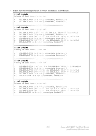 -   Below show the routing tables on all routers before route redistribution:
     RT1#sh ip route
     Gateway of last resort is not set

     C     192.168.1.0/24 is directly connected, Ethernet1/0
     C     192.168.2.0/24 is directly connected, Ethernet1/1

     --------------------------------------------------
     RT2#sh ip route
     Gateway of last resort is not set

     R     192.168.1.0/24 [120/1] via 192.168.2.1, 00:00:10, Ethernet1/0
     C     192.168.2.0/24 is directly connected, Ethernet1/0
     D     192.168.5.0/24 [90/1787392] via 200.1.1.3, 00:00:35, Serial0/0
     C     192.169.1.0/24 is directly connected, Ethernet1/1
     D     192.169.2.0/24 [90/1787392] via 200.1.1.2, 00:00:35, Serial0/0
     C     200.1.1.0/29 is directly connected, Serial0/0

     --------------------------------------------------
     RT3#sh ip route
     Gateway of last resort is not set

     C     192.168.3.0/24 is directly connected, Ethernet1/0
     C     192.168.4.0/24 is directly connected, Ethernet1/1

     --------------------------------------------------
     RT4#sh ip route
     Gateway of last resort is not set

     I     192.168.3.0/24 [100/1200] via 192.168.4.1, 00:00:25, Ethernet1/0
     C     192.168.4.0/24 is directly connected, Ethernet1/0
     D     192.168.5.0/24 [90/1787392] via 200.1.1.3, 00:07:30, Serial0/0
     D     192.169.1.0/24 [90/1787392] via 200.1.1.1, 00:07:30, Serial0/0
     C     192.169.2.0/24 is directly connected, Ethernet1/1
     C     200.1.1.0/29 is directly connected, Serial0/0

     --------------------------------------------------
     RT5#sh ip route
     Gateway of last resort is not set

     C     192.168.5.0/24 is directly connected, Ethernet1/0
     D     192.169.1.0/24 [90/1787392] via 200.1.1.1, 00:08:15, Serial0/0
     D     192.169.2.0/24 [90/1787392] via 200.1.1.2, 00:08:15, Serial0/0
     C     200.1.1.0/29 is directly connected, Serial0/0




                                               204                Copyright © 2008 Yap Chin Hoong
                                                                        yapchinhoong@hotmail.com
 
