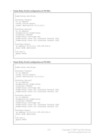 -   Frame Relay Switch configuration on FR-SW1:
     !
     frame-relay switching
     !
     interface Tunnel0
       no ip address
       tunnel source Async1
       tunnel destination 10.10.10.2
     !
     interface Serial0
       no ip address
       encapsulation frame-relay
       clockrate 1000000
       frame-relay intf-type dce
       frame-relay route 102 interface Tunnel0 1001
       frame-relay route 103 interface Tunnel0 1002
     !
     interface Async1
       ip address 10.10.10.1 255.255.255.0
       async mode dedicated
     !
     line aux 0
       speed 38400
     !



-   Frame Relay Switch configuration on FR-SW2:
     !
     frame-relay switching
     !
     interface Tunnel0
       no ip address
       tunnel source Async1
       tunnel destination 10.10.10.1
     !
     interface Serial0
       no ip address
       encapsulation frame-relay
       clockrate 1000000
       frame-relay intf-type dce
       frame-relay route 101 interface Tunnel0    1001
       frame-relay route 103 interface Serial1    102
     !
     interface Serial1
       no ip address
       encapsulation frame-relay
       clockrate 1000000
       frame-relay intf-type dce
       frame-relay route 101 interface Tunnel0    1002
       frame-relay route 102 interface Serial0    103
     !
     interface Async1
       ip address 10.10.10.2 255.255.255.0
       async mode dedicated
     !
     line aux 0
       speed 38400
     !
     _


                                           223           Copyright © 2008 Yap Chin Hoong
                                                               yapchinhoong@hotmail.com
 