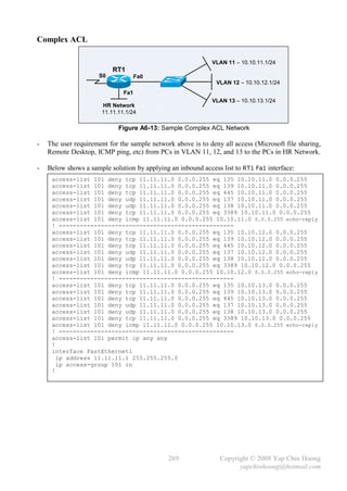 Complex ACL

                                                             VLAN 11 – 10.10.11.1/24
                           RT1
                      S0             Fa0
                                                               VLAN 12 – 10.10.12.1/24
                               Fa1
                                                             VLAN 13 – 10.10.13.1/24
                       HR Network
                       11.11.11.1/24

                             Figure A6-13: Sample Complex ACL Network

-   The user requirement for the sample network above is to deny all access (Microsoft file sharing,
    Remote Desktop, ICMP ping, etc) from PCs in VLAN 11, 12, and 13 to the PCs in HR Network.

-   Below shows a sample solution by applying an inbound access list to RT1 Fa1 interface:
     access-list 101 deny tcp 11.11.11.0 0.0.0.255 eq 135 10.10.11.0 0.0.0.255
     access-list 101 deny tcp 11.11.11.0 0.0.0.255 eq 139 10.10.11.0 0.0.0.255
     access-list 101 deny tcp 11.11.11.0 0.0.0.255 eq 445 10.10.11.0 0.0.0.255
     access-list 101 deny udp 11.11.11.0 0.0.0.255 eq 137 10.10.11.0 0.0.0.255
     access-list 101 deny udp 11.11.11.0 0.0.0.255 eq 138 10.10.11.0 0.0.0.255
     access-list 101 deny tcp 11.11.11.0 0.0.0.255 eq 3389 10.10.11.0 0.0.0.255
     access-list 101 deny icmp 11.11.11.0 0.0.0.255 10.10.11.0 0.0.0.255 echo-reply
     ! --------------------------------------------------
     access-list 101 deny tcp 11.11.11.0 0.0.0.255 eq 135 10.10.12.0 0.0.0.255
     access-list 101 deny tcp 11.11.11.0 0.0.0.255 eq 139 10.10.12.0 0.0.0.255
     access-list 101 deny tcp 11.11.11.0 0.0.0.255 eq 445 10.10.12.0 0.0.0.255
     access-list 101 deny udp 11.11.11.0 0.0.0.255 eq 137 10.10.12.0 0.0.0.255
     access-list 101 deny udp 11.11.11.0 0.0.0.255 eq 138 10.10.12.0 0.0.0.255
     access-list 101 deny tcp 11.11.11.0 0.0.0.255 eq 3389 10.10.12.0 0.0.0.255
     access-list 101 deny icmp 11.11.11.0 0.0.0.255 10.10.12.0 0.0.0.255 echo-reply
     ! --------------------------------------------------
     access-list 101 deny tcp 11.11.11.0 0.0.0.255 eq 135 10.10.13.0 0.0.0.255
     access-list 101 deny tcp 11.11.11.0 0.0.0.255 eq 139 10.10.13.0 0.0.0.255
     access-list 101 deny tcp 11.11.11.0 0.0.0.255 eq 445 10.10.13.0 0.0.0.255
     access-list 101 deny udp 11.11.11.0 0.0.0.255 eq 137 10.10.13.0 0.0.0.255
     access-list 101 deny udp 11.11.11.0 0.0.0.255 eq 138 10.10.13.0 0.0.0.255
     access-list 101 deny tcp 11.11.11.0 0.0.0.255 eq 3389 10.10.13.0 0.0.0.255
     access-list 101 deny icmp 11.11.11.0 0.0.0.255 10.10.13.0 0.0.0.255 echo-reply
     ! --------------------------------------------------
     access-list 101 permit ip any any
     !
     interface FastEthernet1
       ip address 11.11.11.1 255.255.255.0
       ip access-group 101 in
     !




                                              269               Copyright © 2008 Yap Chin Hoong
                                                                      yapchinhoong@hotmail.com
 