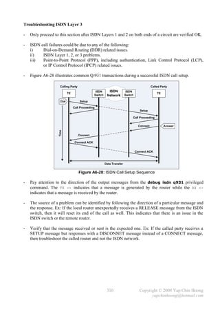 Troubleshooting ISDN Layer 3

-   Only proceed to this section after ISDN Layers 1 and 2 on both ends of a circuit are verified OK.

-   ISDN call failures could be due to any of the following:
    i)    Dial-on-Demand Routing (DDR) related issues.
    ii)   ISDN Layer 1, 2, or 3 problems.
    iii)  Point-to-Point Protocol (PPP), including authentication, Link Control Protocol (LCP),
          or IP Control Protocol (IPCP) related issues.

-   Figure A6-28 illustrates common Q.931 transactions during a successful ISDN call setup.

                     Calling Party                                                            Called Party
                                                 ISDN      ISDN           ISDN
                            TE                                                                    TE
                                                Switch    Network        Switch

                     Dial             Setup

                                 Call Proceeding
                                                                                     Setup

                                                                              Call Proceeding

                                                                                    Connect            Answer
                    Time




                                     Connect

                                  Connect ACK


                                                                                  Connect ACK



                                                         Data Transfer


                                     Figure A6-28: ISDN Call Setup Sequence

-   Pay attention to the direction of the output messages from the debug isdn q931 privileged
    command. The TX -> indicates that a message is generated by the router while the RX <-
    indicates that a message is received by the router.

-   The source of a problem can be identified by following the direction of a particular message and
    the response. Ex: If the local router unexpectedly receives a RELEASE message from the ISDN
    switch, then it will reset its end of the call as well. This indicates that there is an issue in the
    ISDN switch or the remote router.

-   Verify that the message received or sent is the expected one. Ex: If the called party receives a
    SETUP message but responses with a DISCONNET message instead of a CONNECT message,
    then troubleshoot the called router and not the ISDN network.




                                                          310                       Copyright © 2008 Yap Chin Hoong
                                                                                          yapchinhoong@hotmail.com
 