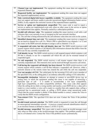 C2   Channel type not implemented. The equipment sending this cause does not support the
     requested channel type.
C5   Requested facility not implemented. The equipment sending this cause does not support
     the requested supplementary service.
C6   Only restricted digital info bearer capability available. The equipment sending this cause
     does not support and hence unable to provide unrestricted digital information bearer service
     (64kb). It only supports the restricted version of the requested bearer capability.
CF   Service or option not implemented, unspecified. This cause code is used to report a
     service or option not implemented event only when no other cause in the service or option
     not implemented class applies. Normally caused by a subscription problem.
D1   Invalid call reference value. The equipment sending this cause receives a call with a call
     reference that is not currently in use or assigned on the user-network interface.
     Ex: The call that is being referenced by the call reference value does not exist on the system.
D2   Identified channel does not exist. The equipment sending this cause receives a request to
     use an inactive channel for a call. Ex: When a PRI is subscribed to use channels 1 to 12 and
     the router or the ISDN network attempts to assign a call to channels 13 to 25.
D3   A suspended call exists, but this call identity does not. The ISDN switch receives a call
     resume request which contains a Call Identify (ID) information element that differs from the
     ID in use for any currently suspended call.
D4   Call identity in use. The ISDN switch receives a call suspend request which contains a call
     ID that is already in use for a suspended call which the call can be resumed instead of
     suspended again.
D5   No call suspended. The ISDN switch receives a call resume request when there is no
     currently suspended call. This transient error can be resolved through successive call retries.
D6   Call having the requested call identity has been cleared. The ISDN switch receives a call
     resume request which contains a call ID that indicates a suspended call. However, either a
     network timeout or the remote router has cleared the call while the call was suspended.
D7   User not member of CUG. The called party for the incoming CUG call is not a member of
     the specified CUG; or the calling party is an ordinary subscriber calling a CUG subscriber.
D8   Incompatible destination. Indicates an attempt to connect to non-ISDN device (eg: an
     analog line), in which the equipment sending this cause is not capable of answering a
     particular type of call – it is unable to accommodate a low layer compatibility,
     high layer compatibility, or other compatibility attributes. This cause code often appears
     when the calling device dials a wrong number and reaches a non-ISDN device; a data call is
     made to a voice number; a voice call is made to a number that only supports data; calling a
     restricted line in unrestricted mode; or calling a POTS phone using unrestricted mode.
     Check that the correct number is dialed. If the dialed number is correct, contact the Telco to
     verify that the ISDN switch configuration.
DA   Non-existent CUG. The specified CUG does not exist. Contact the Telco if the problem
     persists.
DB   Invalid transit network selection. The ISDN switch is requested to route the call through
     an unrecognized intermediate network – it receives a transit network identification which is
     in an incorrect format as defined in Annex C of ITU-T Q.931.
DF   Invalid message, unspecified. This cause code is used to report an invalid message event
     only when no other cause in the invalid message class applies. This problem usually occurs
     due to a D channel error. Contact the Telco if the problem occurs systematically.



                                         316                Copyright © 2008 Yap Chin Hoong
                                                                  yapchinhoong@hotmail.com
 
