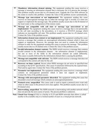E0     Mandatory information element missing. The equipment sending this cause receives a
        message is missing an information element that is necessary for it to process the message.
        This problem usually occurs due to a D channel error. Upgrade the Cisco IOS software on
        the router to resolve this problem. Contact the Telco if the problem occurs systematically.
 E1     Message type non-existent or not implemented. The equipment sending this cause
        receives an unrecognized message due to either the message type is invalid, or it does not
        support or implement the message type. The problem usually occurs due to the D channel of
        the local router or the configuration of the remote router.
 E2     Message not compatible with call state or message type non-existent or not
        implemented. The equipment sending this cause receives a message that is not permissible
        in the call state according to the procedures, or it receives a STATUS message which
        indicates an incompatible call state. This problem usually occurs due to a D channel error.
        Contact the Telco if the problem occurs.
 E3     Information element non-existent or not implemented. The equipment sending this cause
        receives a message that contains an unrecognized information element which it does not
        support or implement. However, the message does not need to contain the information
        element in order for the equipment sending this cause to process the message. This problem
        usually occurs due to a D channel error. Contact the Telco if the problem occurs.
 E4     Invalid information element contents. The ISDN switch receives a message that contains
        invalid contents in the information element – the information element is implemented,
        but one or more of the fields in the information element are coded differently.
        This cause is usually followed by the information element that is causing the problem.
 E5     Message not compatible with call state. The ISDN switch receives a message that does not
        correspond to the current call state for the call.
 E6     Recovery on timer expired. Occurs when ISDN messages do not arrive in specified time
        according to the Q.931 specification. This cause if sometimes followed by the expired timer.
        Wait and try again later. Contact the Telco if the problem persists.
 E7     Parameter not implemented. The equipment sending this cause receives a message which
        contains an unrecognized parameter which it does not support or implement.
        Contact the Telco if the problem occurs.
 EE     Message with unrecognized parameter discarded. The equipment sending this cause has
        discarded a received message which contains an unrecognized parameter.
 EF     Protocol error, unspecified. This cause code is used to report a protocol error event only
        when no other cause in the protocol error class applies. This problem usually occurs due to a
        D channel error.
 FF     Interworking, unspecified. The ISDN network is interworking with another network which
        does not provide the next course of action. The precise problem is unknown.
Note:   Closed User Group (CUG) is a facility in X.25 and ISDN networks that allows a called
        number to be available only to a limited number of users in a virtual private network.




                                            317               Copyright © 2008 Yap Chin Hoong
                                                                    yapchinhoong@hotmail.com
 