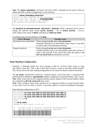 -   Tips: The show controllers {intf-type intf-num} EXEC command can be used to find out
    which end (DTE or DCE) is plugged into a serial interface:
     Router#show controllers serial 0/0
     HD unit 0, idb = 0xC2518, driver structure at 0xC79B0
     buffer size 1524 HD unit 0, V.35 DCE cable
     cpb = 0xE1, eda = 0x4940, cda = 0x4800
     RX ring with 16 entries at 0xE14800



-   The terminal ip netmask-format {bit-count | decimal} EXEC command can be used to
    change the network mask format (prefix notation – /xx or dotted decimal – x.x.x.x)
    in the output of the series of show command, eg: show ip route.

-   Troubleshooting network problems with ping:
           Error Message                                    Possible Cause
     Destination host unreachable Packet dropped on the way to the destination.
                                  Normally returned by an intermediate router when it is not able
                                  to find a route to the destination network.
     Request timed out            Packet dropped on the way to the destination.
                                  Another possible cause is an intermediate router does not have a
                                  route to the network of the source host when the packet is on
                                  the way back from the destination network.


Static Routing Configuration
-   Currently, a Request timed out error message would be received when trying to ping
    192.168.2.2 from PC1. This is due to RT2 does not have a route to 192.168.1.0/24 network!
    This section shows the static routing configuration on all routers for them to reach all networks.

-   The ip route {destination-network} {subnet-mask} {next-hop-addr | outgoing-intf}
    [administrative-distance] [permanent] global configuration command defines static routes.
    Note: Static routes that use the outgoing interface option instead of the next-hop address option
    are considered as directly connected static routes.
    Note: Only configure static routes pointing to an outgoing interface on point-to-point links,
    as the router won’t be able to resolve a next-hop address in point-to-multipoint topologies.

-   Static Routing configuration on RT1:
     RT1(config)#ip route 192.168.3.0 255.255.255.0 192.168.2.2
     RT1(config)#ip route 192.168.4.0 255.255.255.0 192.168.2.2
     RT1(config)#ip route 192.168.5.0 255.255.255.0 192.168.2.2
     RT1(config)#^Z
     RT1#
     RT1#sh ip route
     Gateway of last resort is not set

     C     192.168.1.0/24     is directly connected, FastEthernet1/0
     C     192.168.2.0/24     is directly connected, Serial0/0
     S     192.168.3.0/24     [1/0] via 192.168.2.2
     S     192.168.4.0/24     [1/0] via 192.168.2.2
     S     192.168.5.0/24     [1/0] via 192.168.2.2


                                               83                Copyright © 2008 Yap Chin Hoong
                                                                       yapchinhoong@hotmail.com
 
