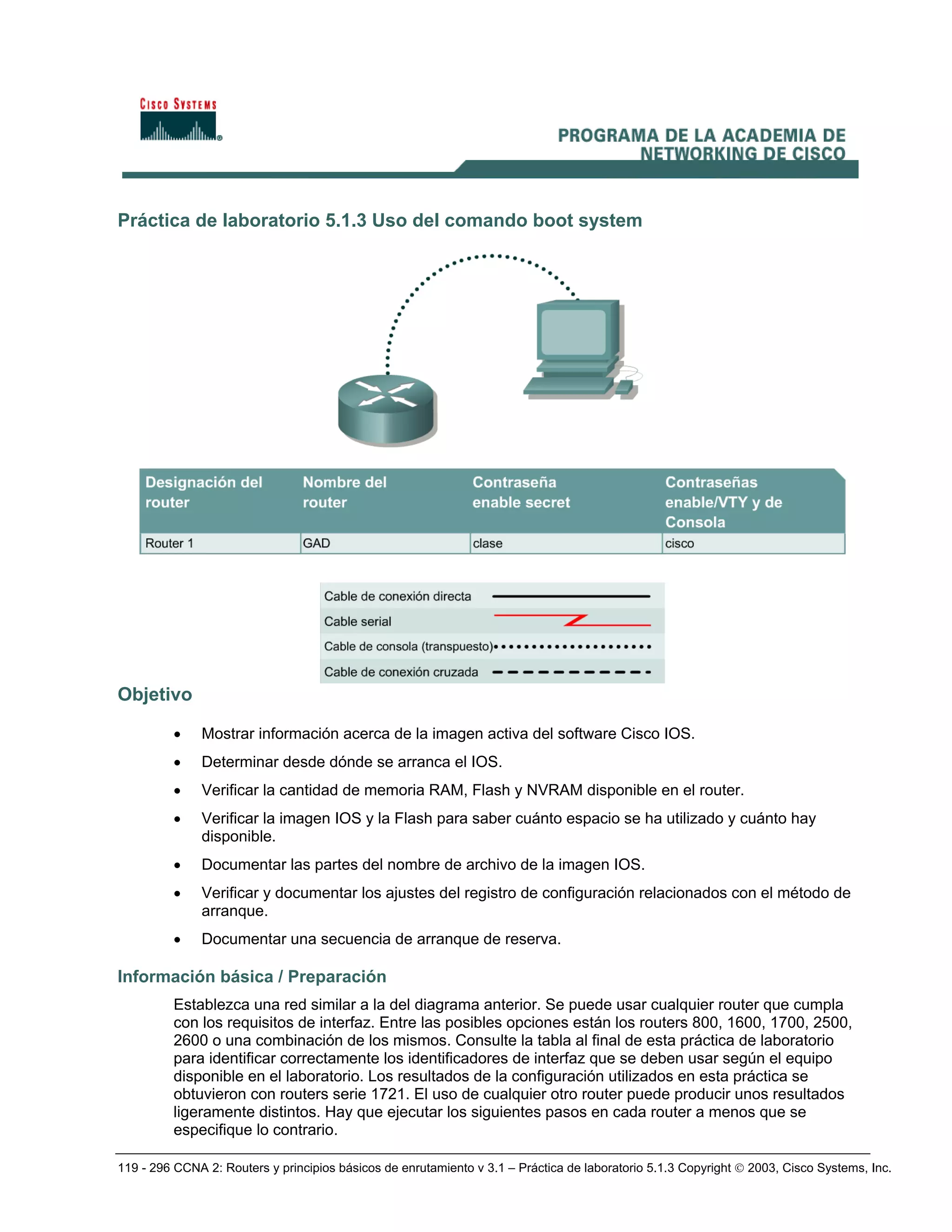 119 - 296 CCNA 2: Routers y principios básicos de enrutamiento v 3.1 – Práctica de laboratorio 5.1.3 Copyright © 2003, Cisco Systems, Inc.
Práctica de laboratorio 5.1.3 Uso del comando boot system
Objetivo
• Mostrar información acerca de la imagen activa del software Cisco IOS.
• Determinar desde dónde se arranca el IOS.
• Verificar la cantidad de memoria RAM, Flash y NVRAM disponible en el router.
• Verificar la imagen IOS y la Flash para saber cuánto espacio se ha utilizado y cuánto hay
disponible.
• Documentar las partes del nombre de archivo de la imagen IOS.
• Verificar y documentar los ajustes del registro de configuración relacionados con el método de
arranque.
• Documentar una secuencia de arranque de reserva.
Información básica / Preparación
Establezca una red similar a la del diagrama anterior. Se puede usar cualquier router que cumpla
con los requisitos de interfaz. Entre las posibles opciones están los routers 800, 1600, 1700, 2500,
2600 o una combinación de los mismos. Consulte la tabla al final de esta práctica de laboratorio
para identificar correctamente los identificadores de interfaz que se deben usar según el equipo
disponible en el laboratorio. Los resultados de la configuración utilizados en esta práctica se
obtuvieron con routers serie 1721. El uso de cualquier otro router puede producir unos resultados
ligeramente distintos. Hay que ejecutar los siguientes pasos en cada router a menos que se
especifique lo contrario.
 