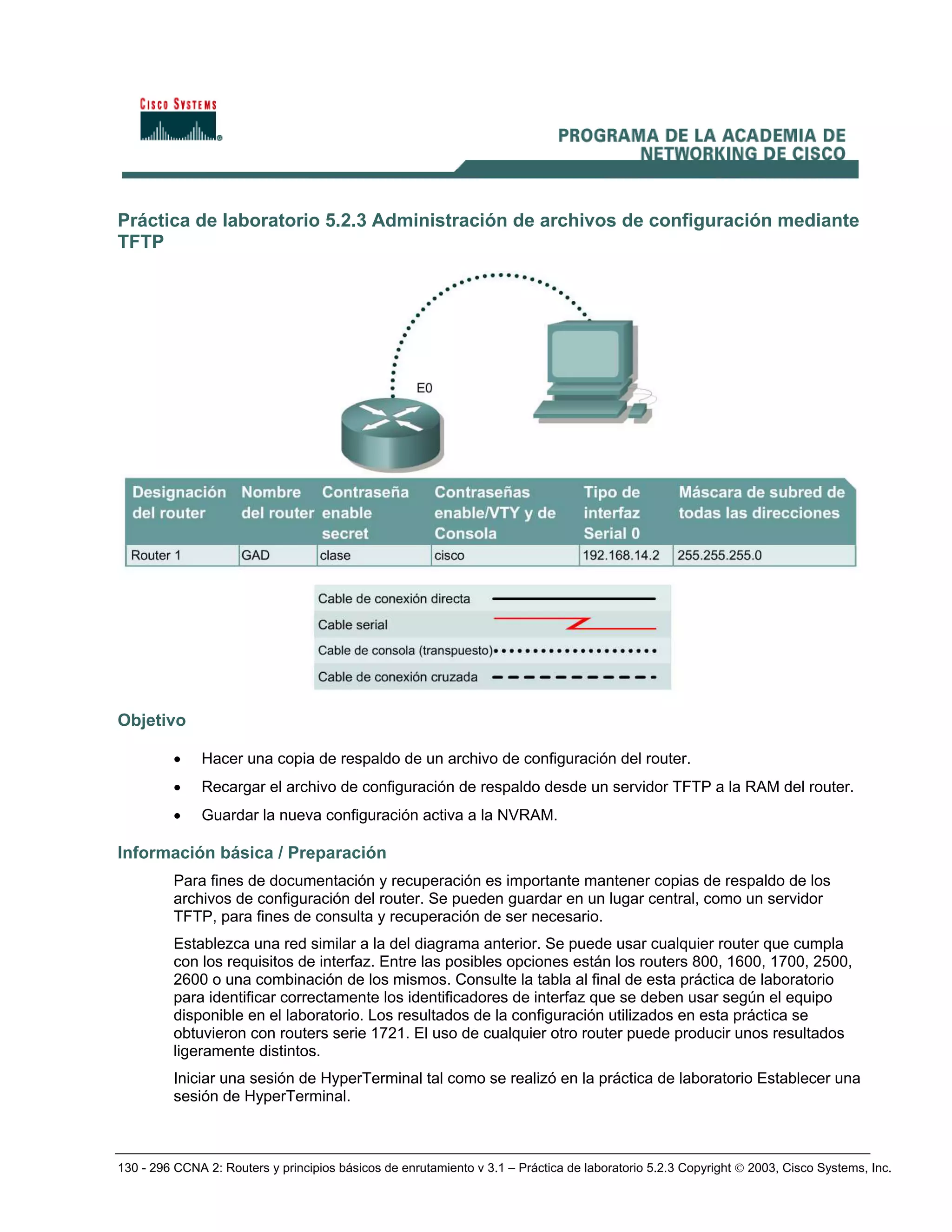 130 - 296 CCNA 2: Routers y principios básicos de enrutamiento v 3.1 – Práctica de laboratorio 5.2.3 Copyright © 2003, Cisco Systems, Inc.
Práctica de laboratorio 5.2.3 Administración de archivos de configuración mediante
TFTP
Objetivo
• Hacer una copia de respaldo de un archivo de configuración del router.
• Recargar el archivo de configuración de respaldo desde un servidor TFTP a la RAM del router.
• Guardar la nueva configuración activa a la NVRAM.
Información básica / Preparación
Para fines de documentación y recuperación es importante mantener copias de respaldo de los
archivos de configuración del router. Se pueden guardar en un lugar central, como un servidor
TFTP, para fines de consulta y recuperación de ser necesario.
Establezca una red similar a la del diagrama anterior. Se puede usar cualquier router que cumpla
con los requisitos de interfaz. Entre las posibles opciones están los routers 800, 1600, 1700, 2500,
2600 o una combinación de los mismos. Consulte la tabla al final de esta práctica de laboratorio
para identificar correctamente los identificadores de interfaz que se deben usar según el equipo
disponible en el laboratorio. Los resultados de la configuración utilizados en esta práctica se
obtuvieron con routers serie 1721. El uso de cualquier otro router puede producir unos resultados
ligeramente distintos.
Iniciar una sesión de HyperTerminal tal como se realizó en la práctica de laboratorio Establecer una
sesión de HyperTerminal.
 