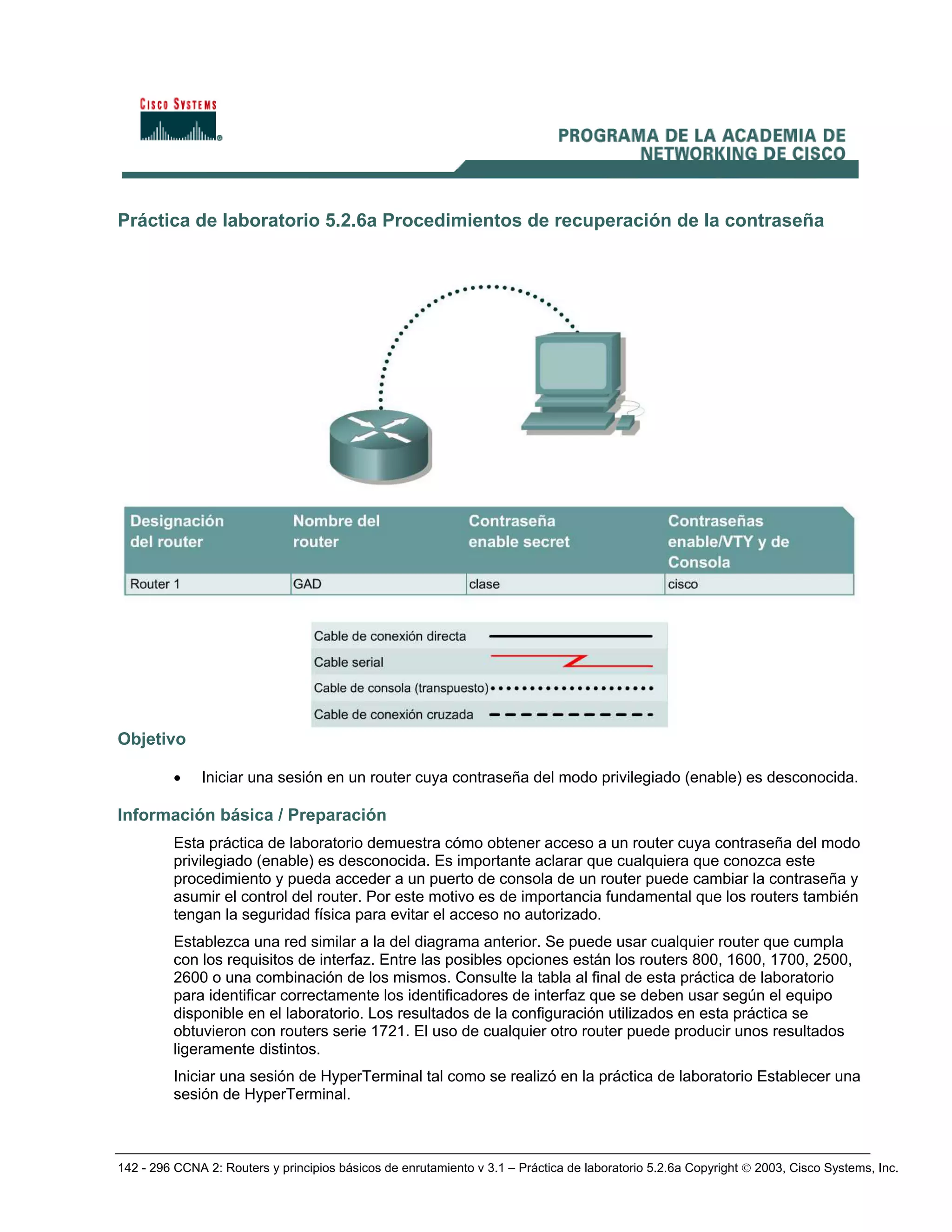 142 - 296 CCNA 2: Routers y principios básicos de enrutamiento v 3.1 – Práctica de laboratorio 5.2.6a Copyright © 2003, Cisco Systems, Inc.
Práctica de laboratorio 5.2.6a Procedimientos de recuperación de la contraseña
Objetivo
• Iniciar una sesión en un router cuya contraseña del modo privilegiado (enable) es desconocida.
Información básica / Preparación
Esta práctica de laboratorio demuestra cómo obtener acceso a un router cuya contraseña del modo
privilegiado (enable) es desconocida. Es importante aclarar que cualquiera que conozca este
procedimiento y pueda acceder a un puerto de consola de un router puede cambiar la contraseña y
asumir el control del router. Por este motivo es de importancia fundamental que los routers también
tengan la seguridad física para evitar el acceso no autorizado.
Establezca una red similar a la del diagrama anterior. Se puede usar cualquier router que cumpla
con los requisitos de interfaz. Entre las posibles opciones están los routers 800, 1600, 1700, 2500,
2600 o una combinación de los mismos. Consulte la tabla al final de esta práctica de laboratorio
para identificar correctamente los identificadores de interfaz que se deben usar según el equipo
disponible en el laboratorio. Los resultados de la configuración utilizados en esta práctica se
obtuvieron con routers serie 1721. El uso de cualquier otro router puede producir unos resultados
ligeramente distintos.
Iniciar una sesión de HyperTerminal tal como se realizó en la práctica de laboratorio Establecer una
sesión de HyperTerminal.
 