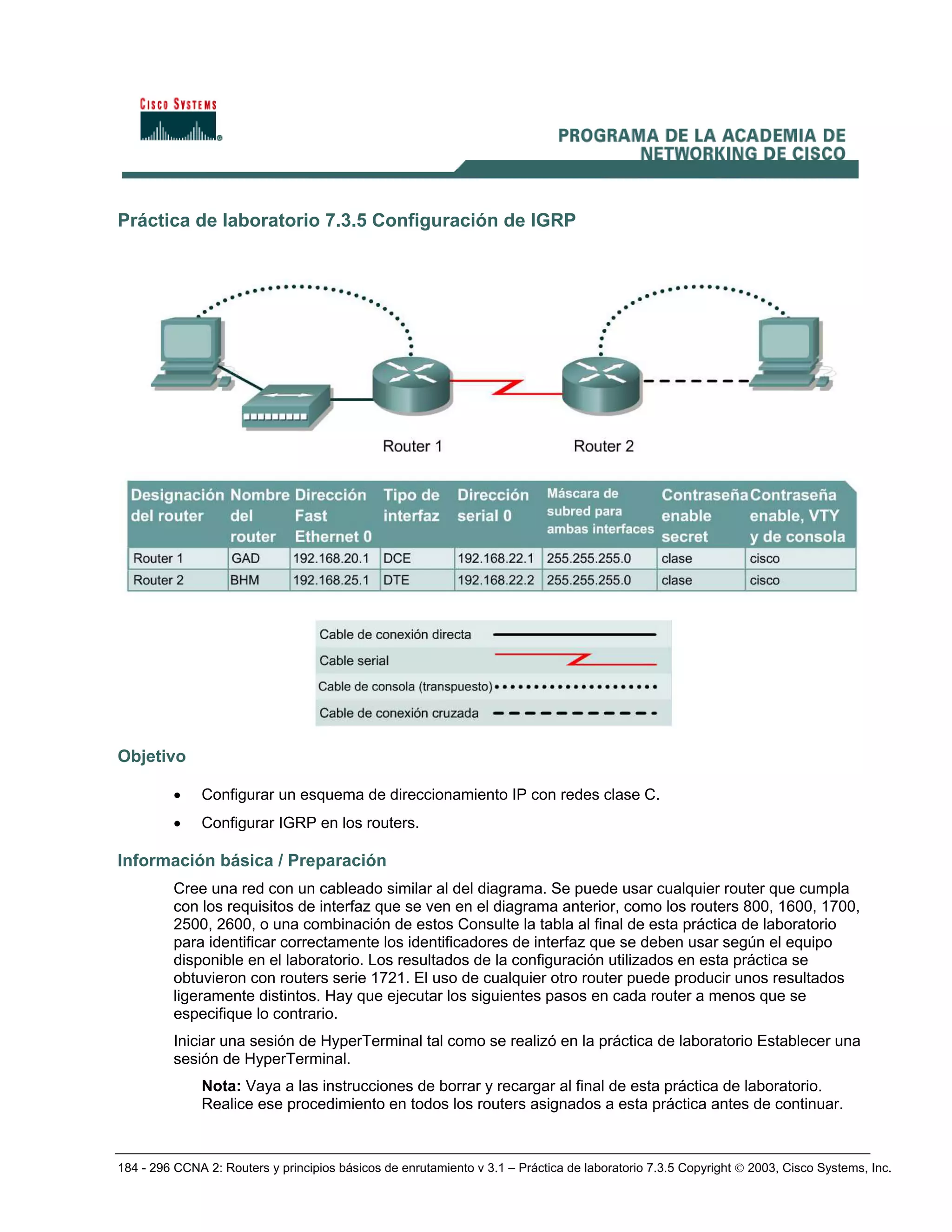 184 - 296 CCNA 2: Routers y principios básicos de enrutamiento v 3.1 – Práctica de laboratorio 7.3.5 Copyright © 2003, Cisco Systems, Inc.
Práctica de laboratorio 7.3.5 Configuración de IGRP
Objetivo
• Configurar un esquema de direccionamiento IP con redes clase C.
• Configurar IGRP en los routers.
Información básica / Preparación
Cree una red con un cableado similar al del diagrama. Se puede usar cualquier router que cumpla
con los requisitos de interfaz que se ven en el diagrama anterior, como los routers 800, 1600, 1700,
2500, 2600, o una combinación de estos Consulte la tabla al final de esta práctica de laboratorio
para identificar correctamente los identificadores de interfaz que se deben usar según el equipo
disponible en el laboratorio. Los resultados de la configuración utilizados en esta práctica se
obtuvieron con routers serie 1721. El uso de cualquier otro router puede producir unos resultados
ligeramente distintos. Hay que ejecutar los siguientes pasos en cada router a menos que se
especifique lo contrario.
Iniciar una sesión de HyperTerminal tal como se realizó en la práctica de laboratorio Establecer una
sesión de HyperTerminal.
Nota: Vaya a las instrucciones de borrar y recargar al final de esta práctica de laboratorio.
Realice ese procedimiento en todos los routers asignados a esta práctica antes de continuar.
 