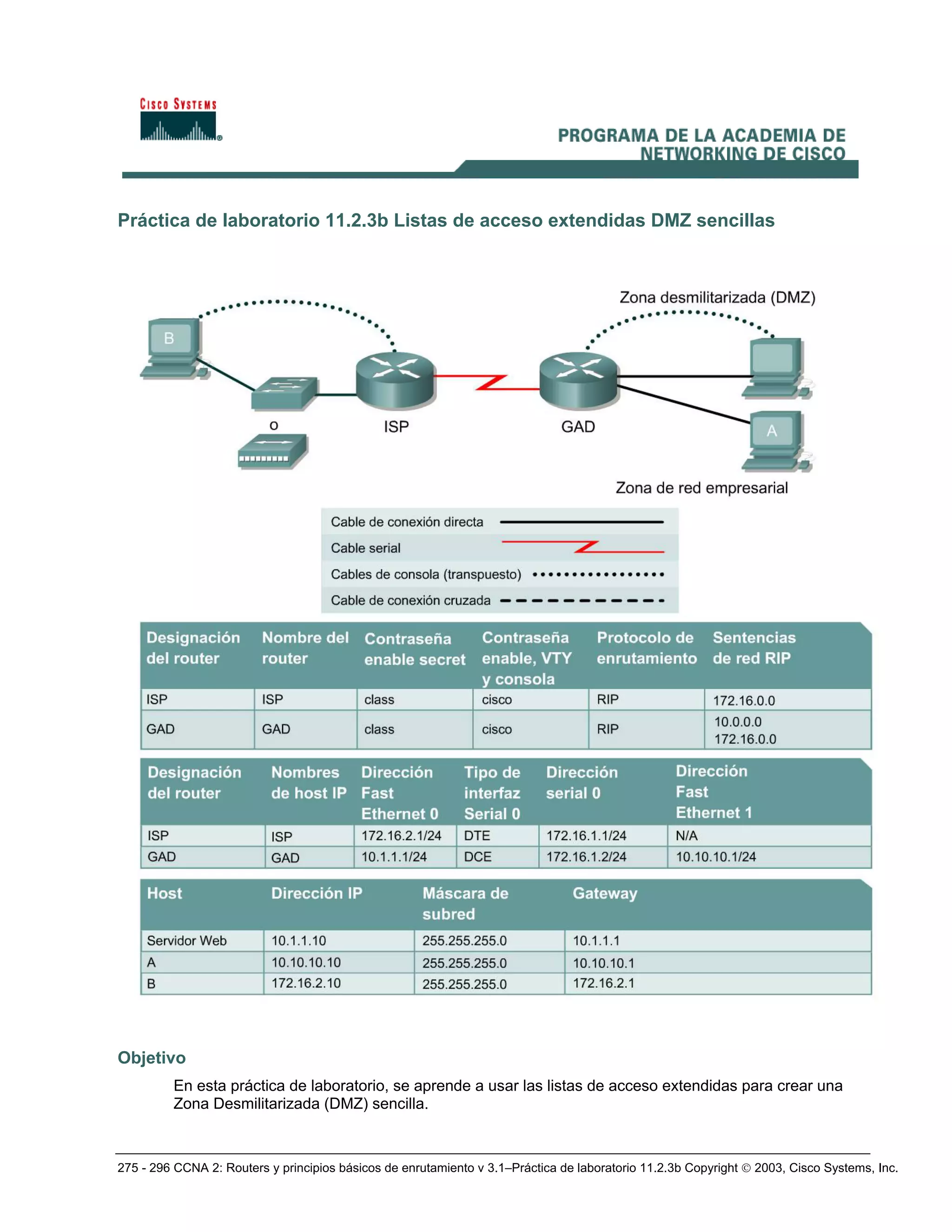 275 - 296 CCNA 2: Routers y principios básicos de enrutamiento v 3.1–Práctica de laboratorio 11.2.3b Copyright © 2003, Cisco Systems, Inc.
Práctica de laboratorio 11.2.3b Listas de acceso extendidas DMZ sencillas
Objetivo
En esta práctica de laboratorio, se aprende a usar las listas de acceso extendidas para crear una
Zona Desmilitarizada (DMZ) sencilla.
 