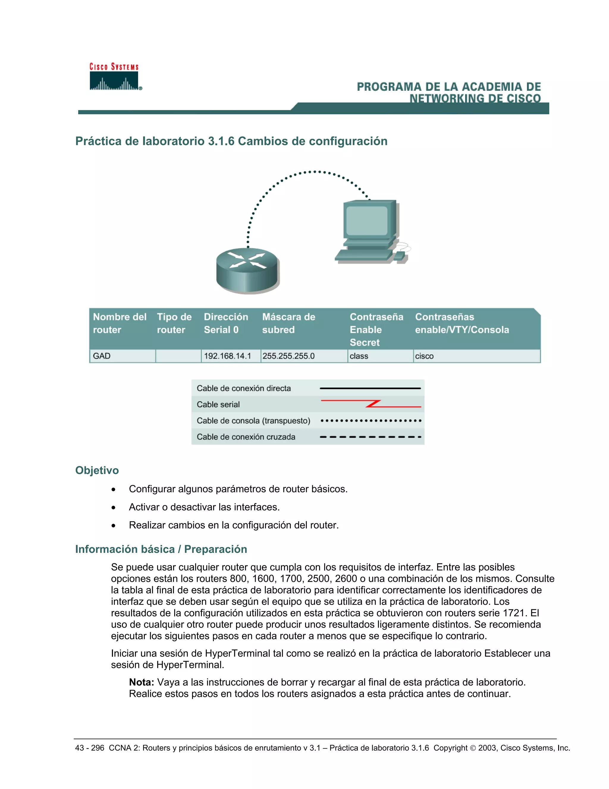 43 - 296 CCNA 2: Routers y principios básicos de enrutamiento v 3.1 – Práctica de laboratorio 3.1.6 Copyright © 2003, Cisco Systems, Inc.
Práctica de laboratorio 3.1.6 Cambios de configuración
Objetivo
• Configurar algunos parámetros de router básicos.
• Activar o desactivar las interfaces.
• Realizar cambios en la configuración del router.
Información básica / Preparación
Se puede usar cualquier router que cumpla con los requisitos de interfaz. Entre las posibles
opciones están los routers 800, 1600, 1700, 2500, 2600 o una combinación de los mismos. Consulte
la tabla al final de esta práctica de laboratorio para identificar correctamente los identificadores de
interfaz que se deben usar según el equipo que se utiliza en la práctica de laboratorio. Los
resultados de la configuración utilizados en esta práctica se obtuvieron con routers serie 1721. El
uso de cualquier otro router puede producir unos resultados ligeramente distintos. Se recomienda
ejecutar los siguientes pasos en cada router a menos que se especifique lo contrario.
Iniciar una sesión de HyperTerminal tal como se realizó en la práctica de laboratorio Establecer una
sesión de HyperTerminal.
Nota: Vaya a las instrucciones de borrar y recargar al final de esta práctica de laboratorio.
Realice estos pasos en todos los routers asignados a esta práctica antes de continuar.
 