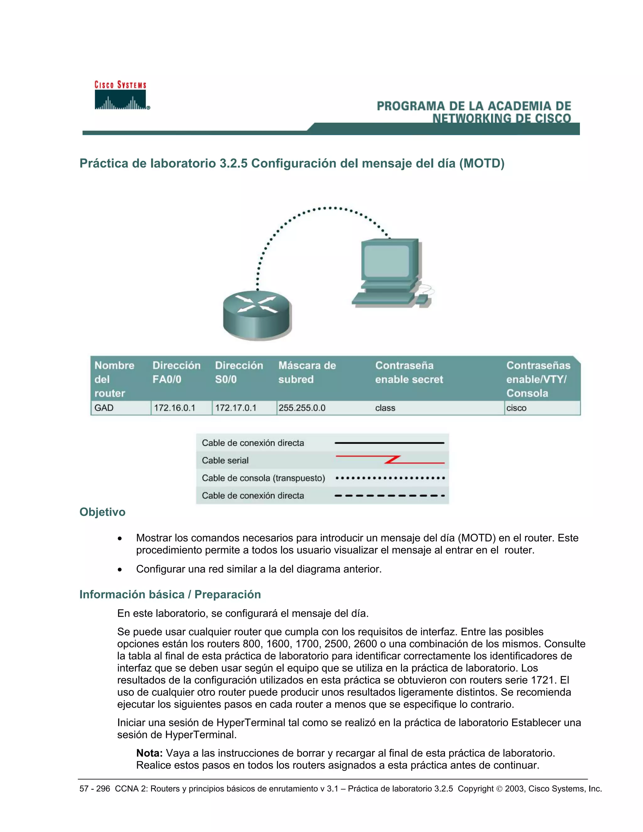 57 - 296 CCNA 2: Routers y principios básicos de enrutamiento v 3.1 – Práctica de laboratorio 3.2.5 Copyright © 2003, Cisco Systems, Inc.
Práctica de laboratorio 3.2.5 Configuración del mensaje del día (MOTD)
Objetivo
• Mostrar los comandos necesarios para introducir un mensaje del día (MOTD) en el router. Este
procedimiento permite a todos los usuario visualizar el mensaje al entrar en el router.
• Configurar una red similar a la del diagrama anterior.
Información básica / Preparación
En este laboratorio, se configurará el mensaje del día.
Se puede usar cualquier router que cumpla con los requisitos de interfaz. Entre las posibles
opciones están los routers 800, 1600, 1700, 2500, 2600 o una combinación de los mismos. Consulte
la tabla al final de esta práctica de laboratorio para identificar correctamente los identificadores de
interfaz que se deben usar según el equipo que se utiliza en la práctica de laboratorio. Los
resultados de la configuración utilizados en esta práctica se obtuvieron con routers serie 1721. El
uso de cualquier otro router puede producir unos resultados ligeramente distintos. Se recomienda
ejecutar los siguientes pasos en cada router a menos que se especifique lo contrario.
Iniciar una sesión de HyperTerminal tal como se realizó en la práctica de laboratorio Establecer una
sesión de HyperTerminal.
Nota: Vaya a las instrucciones de borrar y recargar al final de esta práctica de laboratorio.
Realice estos pasos en todos los routers asignados a esta práctica antes de continuar.
 