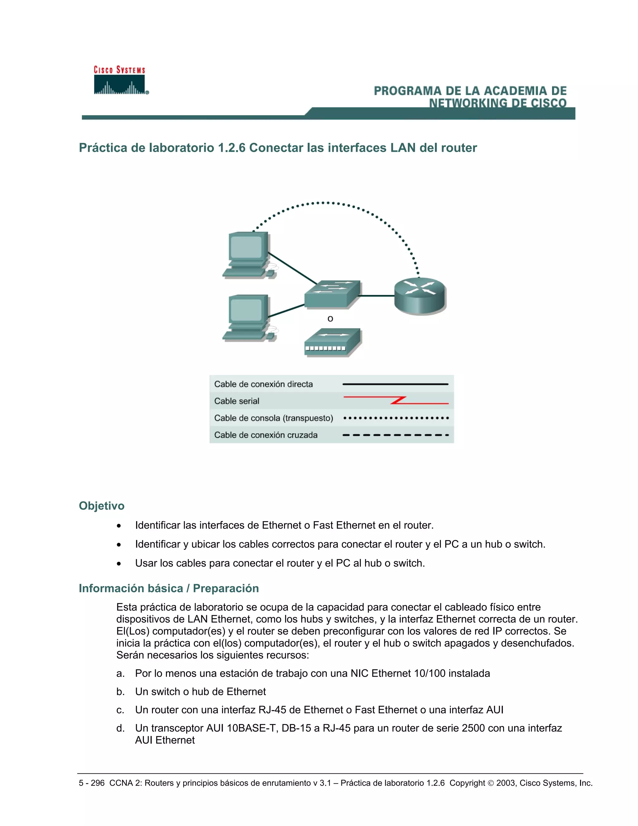 5 - 296 CCNA 2: Routers y principios básicos de enrutamiento v 3.1 – Práctica de laboratorio 1.2.6 Copyright © 2003, Cisco Systems, Inc.
Práctica de laboratorio 1.2.6 Conectar las interfaces LAN del router
Objetivo
• Identificar las interfaces de Ethernet o Fast Ethernet en el router.
• Identificar y ubicar los cables correctos para conectar el router y el PC a un hub o switch.
• Usar los cables para conectar el router y el PC al hub o switch.
Información básica / Preparación
Esta práctica de laboratorio se ocupa de la capacidad para conectar el cableado físico entre
dispositivos de LAN Ethernet, como los hubs y switches, y la interfaz Ethernet correcta de un router.
El(Los) computador(es) y el router se deben preconfigurar con los valores de red IP correctos. Se
inicia la práctica con el(los) computador(es), el router y el hub o switch apagados y desenchufados.
Serán necesarios los siguientes recursos:
a. Por lo menos una estación de trabajo con una NIC Ethernet 10/100 instalada
b. Un switch o hub de Ethernet
c. Un router con una interfaz RJ-45 de Ethernet o Fast Ethernet o una interfaz AUI
d. Un transceptor AUI 10BASE-T, DB-15 a RJ-45 para un router de serie 2500 con una interfaz
AUI Ethernet
 