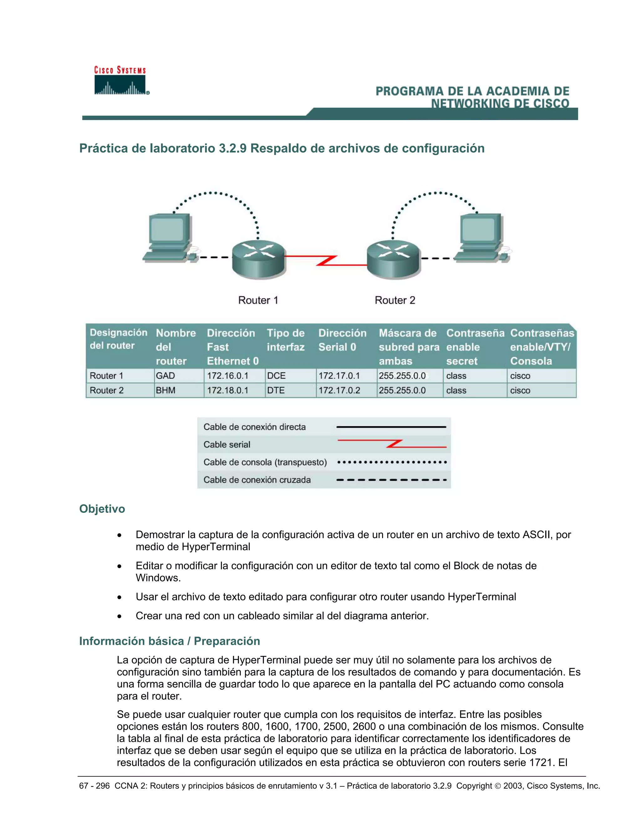 67 - 296 CCNA 2: Routers y principios básicos de enrutamiento v 3.1 – Práctica de laboratorio 3.2.9 Copyright © 2003, Cisco Systems, Inc.
Práctica de laboratorio 3.2.9 Respaldo de archivos de configuración
Objetivo
• Demostrar la captura de la configuración activa de un router en un archivo de texto ASCII, por
medio de HyperTerminal
• Editar o modificar la configuración con un editor de texto tal como el Block de notas de
Windows.
• Usar el archivo de texto editado para configurar otro router usando HyperTerminal
• Crear una red con un cableado similar al del diagrama anterior.
Información básica / Preparación
La opción de captura de HyperTerminal puede ser muy útil no solamente para los archivos de
configuración sino también para la captura de los resultados de comando y para documentación. Es
una forma sencilla de guardar todo lo que aparece en la pantalla del PC actuando como consola
para el router.
Se puede usar cualquier router que cumpla con los requisitos de interfaz. Entre las posibles
opciones están los routers 800, 1600, 1700, 2500, 2600 o una combinación de los mismos. Consulte
la tabla al final de esta práctica de laboratorio para identificar correctamente los identificadores de
interfaz que se deben usar según el equipo que se utiliza en la práctica de laboratorio. Los
resultados de la configuración utilizados en esta práctica se obtuvieron con routers serie 1721. El
 