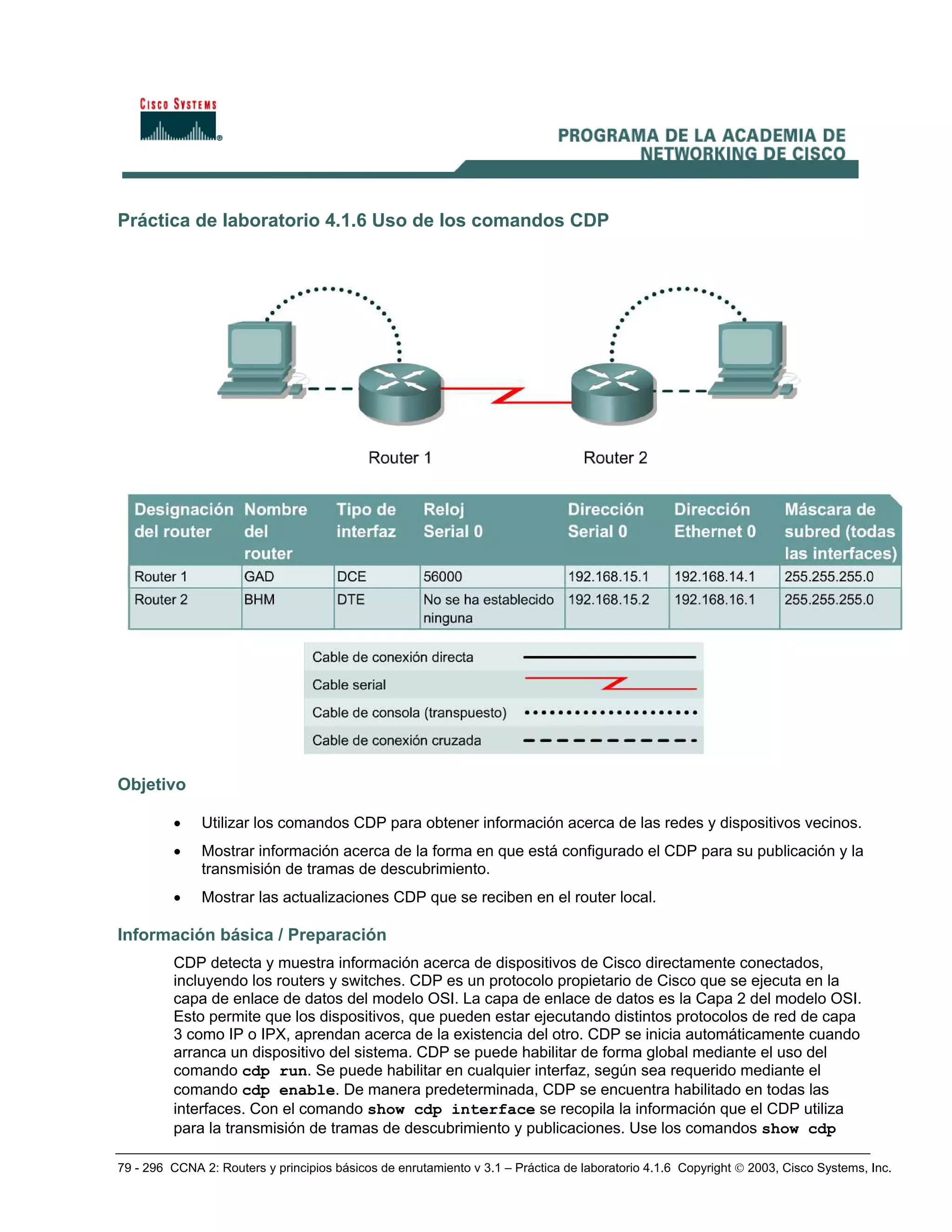79 - 296 CCNA 2: Routers y principios básicos de enrutamiento v 3.1 – Práctica de laboratorio 4.1.6 Copyright © 2003, Cisco Systems, Inc.
Práctica de laboratorio 4.1.6 Uso de los comandos CDP
Objetivo
• Utilizar los comandos CDP para obtener información acerca de las redes y dispositivos vecinos.
• Mostrar información acerca de la forma en que está configurado el CDP para su publicación y la
transmisión de tramas de descubrimiento.
• Mostrar las actualizaciones CDP que se reciben en el router local.
Información básica / Preparación
CDP detecta y muestra información acerca de dispositivos de Cisco directamente conectados,
incluyendo los routers y switches. CDP es un protocolo propietario de Cisco que se ejecuta en la
capa de enlace de datos del modelo OSI. La capa de enlace de datos es la Capa 2 del modelo OSI.
Esto permite que los dispositivos, que pueden estar ejecutando distintos protocolos de red de capa
3 como IP o IPX, aprendan acerca de la existencia del otro. CDP se inicia automáticamente cuando
arranca un dispositivo del sistema. CDP se puede habilitar de forma global mediante el uso del
comando cdp run. Se puede habilitar en cualquier interfaz, según sea requerido mediante el
comando cdp enable. De manera predeterminada, CDP se encuentra habilitado en todas las
interfaces. Con el comando show cdp interface se recopila la información que el CDP utiliza
para la transmisión de tramas de descubrimiento y publicaciones. Use los comandos show cdp
 
