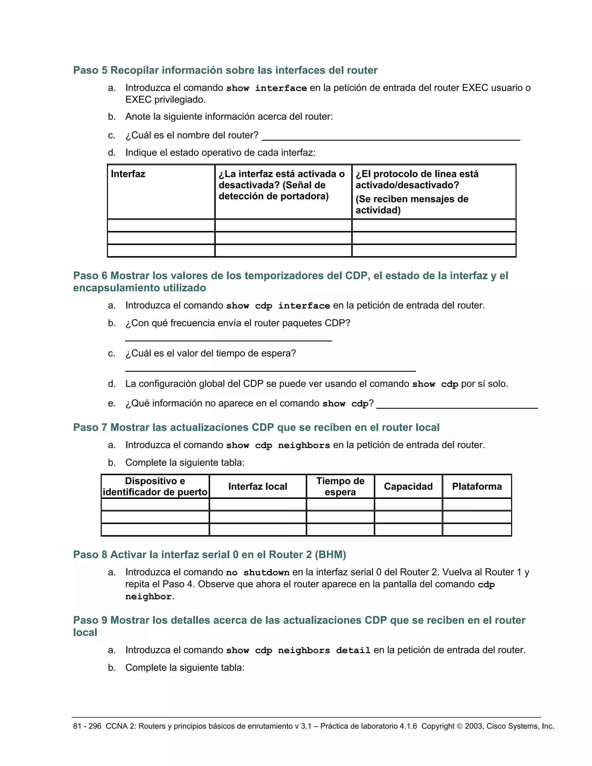 81 - 296 CCNA 2: Routers y principios básicos de enrutamiento v 3.1 – Práctica de laboratorio 4.1.6 Copyright © 2003, Cisco Systems, Inc.
Paso 5 Recopilar información sobre las interfaces del router
a. Introduzca el comando show interface en la petición de entrada del router EXEC usuario o
EXEC privilegiado.
b. Anote la siguiente información acerca del router:
c. ¿Cuál es el nombre del router? ________________________________________
d. Indique el estado operativo de cada interfaz:
Interfaz ¿La interfaz está activada o
desactivada? (Señal de
detección de portadora)
¿El protocolo de línea está
activado/desactivado?
(Se reciben mensajes de
actividad)
Paso 6 Mostrar los valores de los temporizadores del CDP, el estado de la interfaz y el
encapsulamiento utilizado
a. Introduzca el comando show cdp interface en la petición de entrada del router.
b. ¿Con qué frecuencia envía el router paquetes CDP?
________________________________
c. ¿Cuál es el valor del tiempo de espera?
_____________________________________________
d. La configuración global del CDP se puede ver usando el comando show cdp por sí solo.
e. ¿Qué información no aparece en el comando show cdp? _________________________
Paso 7 Mostrar las actualizaciones CDP que se reciben en el router local
a. Introduzca el comando show cdp neighbors en la petición de entrada del router.
b. Complete la siguiente tabla:
Dispositivo e
identificador de puerto
Interfaz local
Tiempo de
espera
Capacidad Plataforma
Paso 8 Activar la interfaz serial 0 en el Router 2 (BHM)
a. Introduzca el comando no shutdown en la interfaz serial 0 del Router 2. Vuelva al Router 1 y
repita el Paso 4. Observe que ahora el router aparece en la pantalla del comando cdp
neighbor.
Paso 9 Mostrar los detalles acerca de las actualizaciones CDP que se reciben en el router
local
a. Introduzca el comando show cdp neighbors detail en la petición de entrada del router.
b. Complete la siguiente tabla:
 
