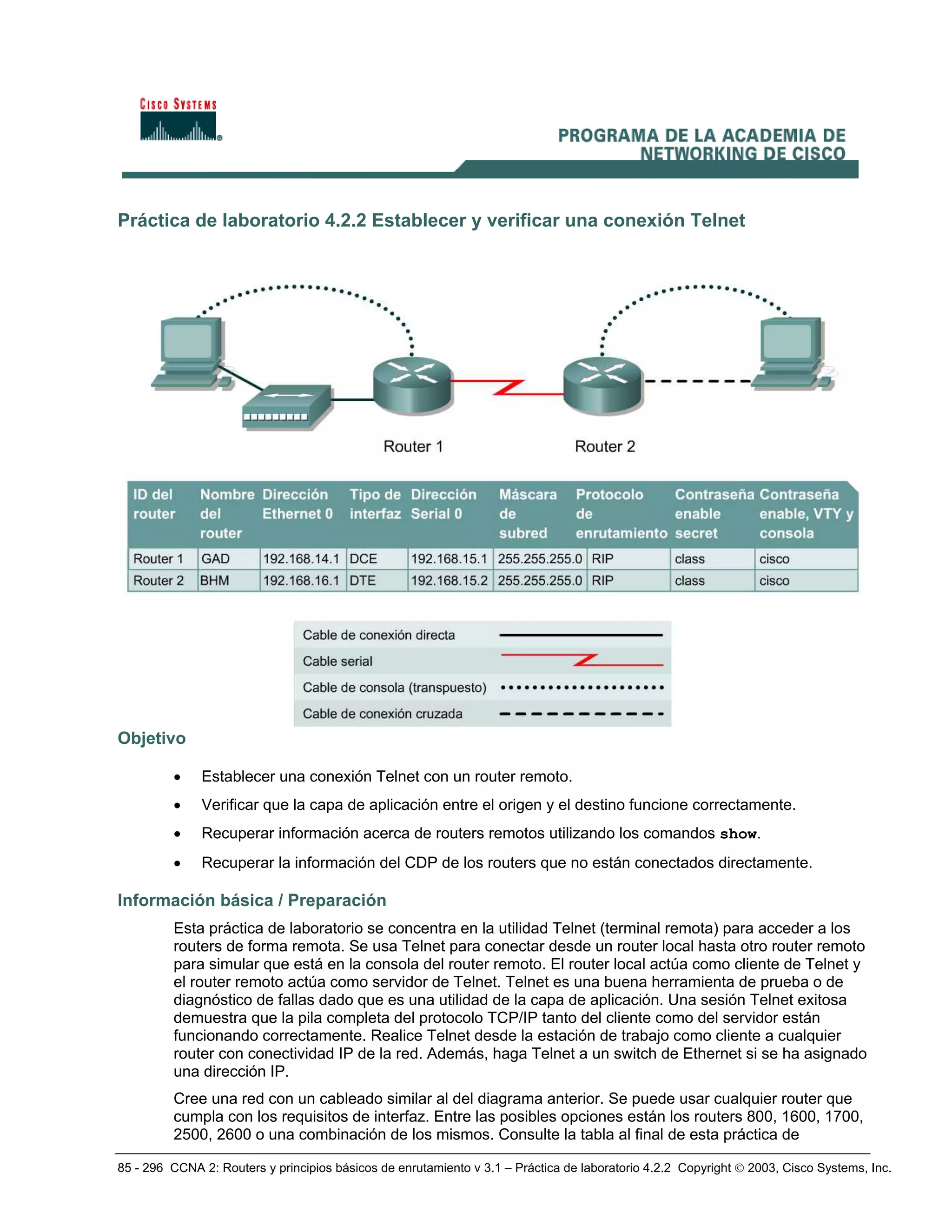 85 - 296 CCNA 2: Routers y principios básicos de enrutamiento v 3.1 – Práctica de laboratorio 4.2.2 Copyright © 2003, Cisco Systems, Inc.
Práctica de laboratorio 4.2.2 Establecer y verificar una conexión Telnet
Objetivo
• Establecer una conexión Telnet con un router remoto.
• Verificar que la capa de aplicación entre el origen y el destino funcione correctamente.
• Recuperar información acerca de routers remotos utilizando los comandos show.
• Recuperar la información del CDP de los routers que no están conectados directamente.
Información básica / Preparación
Esta práctica de laboratorio se concentra en la utilidad Telnet (terminal remota) para acceder a los
routers de forma remota. Se usa Telnet para conectar desde un router local hasta otro router remoto
para simular que está en la consola del router remoto. El router local actúa como cliente de Telnet y
el router remoto actúa como servidor de Telnet. Telnet es una buena herramienta de prueba o de
diagnóstico de fallas dado que es una utilidad de la capa de aplicación. Una sesión Telnet exitosa
demuestra que la pila completa del protocolo TCP/IP tanto del cliente como del servidor están
funcionando correctamente. Realice Telnet desde la estación de trabajo como cliente a cualquier
router con conectividad IP de la red. Además, haga Telnet a un switch de Ethernet si se ha asignado
una dirección IP.
Cree una red con un cableado similar al del diagrama anterior. Se puede usar cualquier router que
cumpla con los requisitos de interfaz. Entre las posibles opciones están los routers 800, 1600, 1700,
2500, 2600 o una combinación de los mismos. Consulte la tabla al final de esta práctica de
 