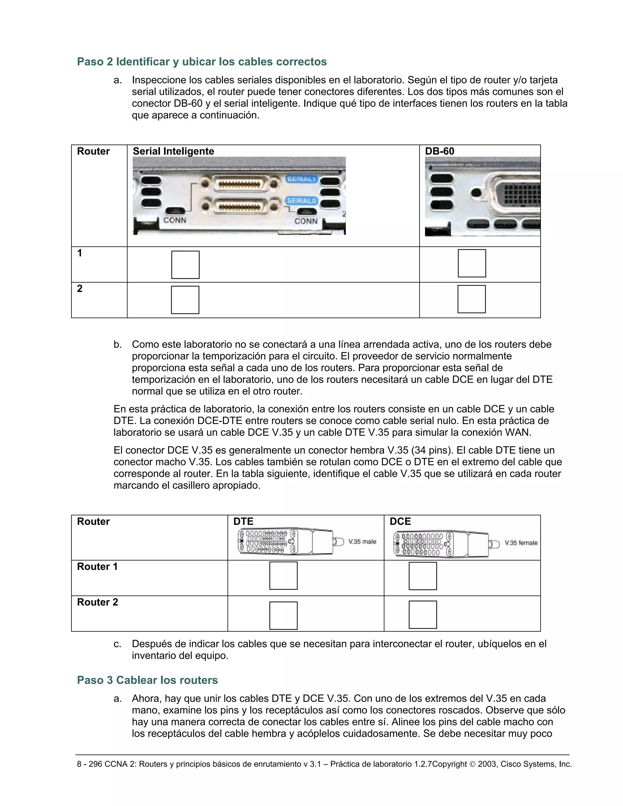 8 - 296 CCNA 2: Routers y principios básicos de enrutamiento v 3.1 – Práctica de laboratorio 1.2.7Copyright © 2003, Cisco Systems, Inc.
Paso 2 Identificar y ubicar los cables correctos
a. Inspeccione los cables seriales disponibles en el laboratorio. Según el tipo de router y/o tarjeta
serial utilizados, el router puede tener conectores diferentes. Los dos tipos más comunes son el
conector DB-60 y el serial inteligente. Indique qué tipo de interfaces tienen los routers en la tabla
que aparece a continuación.
Router Serial Inteligente DB-60
1
2
b. Como este laboratorio no se conectará a una línea arrendada activa, uno de los routers debe
proporcionar la temporización para el circuito. El proveedor de servicio normalmente
proporciona esta señal a cada uno de los routers. Para proporcionar esta señal de
temporización en el laboratorio, uno de los routers necesitará un cable DCE en lugar del DTE
normal que se utiliza en el otro router.
En esta práctica de laboratorio, la conexión entre los routers consiste en un cable DCE y un cable
DTE. La conexión DCE-DTE entre routers se conoce como cable serial nulo. En esta práctica de
laboratorio se usará un cable DCE V.35 y un cable DTE V.35 para simular la conexión WAN.
El conector DCE V.35 es generalmente un conector hembra V.35 (34 pins). El cable DTE tiene un
conector macho V.35. Los cables también se rotulan como DCE o DTE en el extremo del cable que
corresponde al router. En la tabla siguiente, identifique el cable V.35 que se utilizará en cada router
marcando el casillero apropiado.
Router DTE DCE
Router 1
Router 2
c. Después de indicar los cables que se necesitan para interconectar el router, ubíquelos en el
inventario del equipo.
Paso 3 Cablear los routers
a. Ahora, hay que unir los cables DTE y DCE V.35. Con uno de los extremos del V.35 en cada
mano, examine los pins y los receptáculos así como los conectores roscados. Observe que sólo
hay una manera correcta de conectar los cables entre sí. Alinee los pins del cable macho con
los receptáculos del cable hembra y acóplelos cuidadosamente. Se debe necesitar muy poco
 