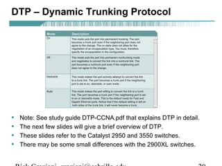 DTP – Dynamic Trunking Protocol 
• Note: See study guide DTP-CCNA.pdf that explains DTP in detail. 
• The next few slides will give a brief overview of DTP. 
• These slides refer to the Catalyst 2950 and 3550 switches. 
• There may be some small differences with the 2900XL switches. 
Rick Graziani graziani@cabrillo.edu 20 
 