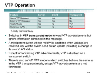 VTP Operation 
• Switches in VTP transparent mode forward VTP advertisements but 
ignore information contained in the message. 
• A transparent switch will not modify its database when updates are 
received, nor will the switch send out an update indicating a change in 
its own VLAN status. 
• Except for forwarding VTP advertisements, VTP is disabled on a 
transparent switch. 
• There is also an “off” VTP mode in which switches behave the same as 
in the VTP transparent mode, except VTP advertisements are not 
forwarded. 
Rick Graziani graziani@cabrillo.edu 32 
 