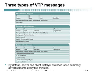 Three types of VTP messages 
• By default, server and client Catalyst switches issue summary 
advertisements every five minutes. 
Rick Graziani graziani@cabrillo.edu 43 
 