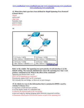 www.ccnafinal.net www.ccnafinalexam.com www.ccnaanswers.org www.ccna4u.net
                      www.ccna4u.org www.ccna4u.info

13. What three link types have been defined for Rapid Spanning-Tree Protocol?
(Choose three.)
shared
end-to-end
edge-type
boundary-type
point-to-many
point-to-point

14.




Refer to the exhibit. The spanning-tree port priority of each interface is at the
default setting. The network administrator enters the spanning-tree vlan 1 root
primary command on S4. What is the effect of the command?
Spanning tree blocks Gi0/1 on S3.
Gi0/2 on S3 transitions to a root port.
Port priority makes Gi0/2 on S1 a root port.
S4 is already the root bridge, so there are no port changes.

15. In which two ways is the information that is contained in BPDUs used by
switches? (Choose two.)
to negotiate a trunk between switches
to set the duplex mode of a redundant link
to identify the shortest path to the root bridge
to prevent loops by sharing bridging tables between connected switches
to determine which ports will forward frames as part of the spanning tree
 