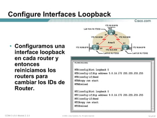 Configure Interfaces Loopback Configuramos una interface loopback en cada router y entonces reiniciamos los routers para cambiar los IDs de Router. 