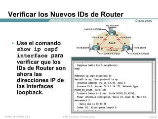 Verificar los Nuevos IDs de Router  Use el comando  show ip ospf interface  para verificar que los IDs de Router son ahora las direcciones IP de las interfaces loopback. 