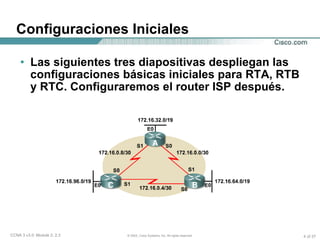 Configuraciones Iniciales Las siguientes tres diapositivas despliegan las configuraciones básicas iniciales para RTA, RTB y RTC. Configuraremos el router ISP después. 