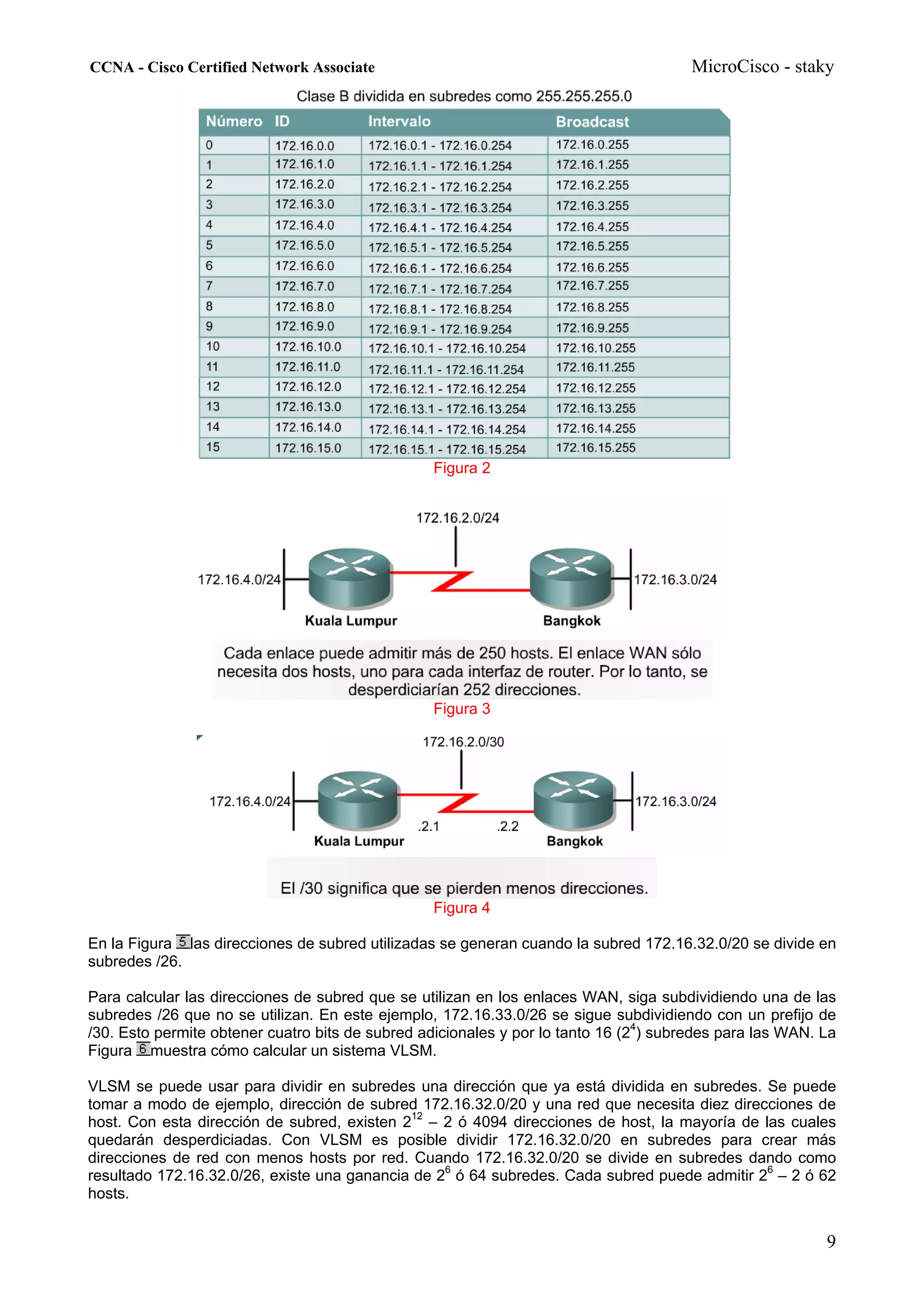 CCNA - Cisco Certified Network Associate                                               MicroCisco - staky




                                                 Figura 2




                                                 Figura 3




                                                 Figura 4

En la Figura las direcciones de subred utilizadas se generan cuando la subred 172.16.32.0/20 se divide en
subredes /26.

Para calcular las direcciones de subred que se utilizan en los enlaces WAN, siga subdividiendo una de las
subredes /26 que no se utilizan. En este ejemplo, 172.16.33.0/26 se sigue subdividiendo con un prefijo de
/30. Esto permite obtener cuatro bits de subred adicionales y por lo tanto 16 (24) subredes para las WAN. La
Figura muestra cómo calcular un sistema VLSM.

VLSM se puede usar para dividir en subredes una dirección que ya está dividida en subredes. Se puede
tomar a modo de ejemplo, dirección de subred 172.16.32.0/20 y una red que necesita diez direcciones de
host. Con esta dirección de subred, existen 212 – 2 ó 4094 direcciones de host, la mayoría de las cuales
quedarán desperdiciadas. Con VLSM es posible dividir 172.16.32.0/20 en subredes para crear más
direcciones de red con menos hosts por red. Cuando 172.16.32.0/20 se divide en subredes dando como
resultado 172.16.32.0/26, existe una ganancia de 26 ó 64 subredes. Cada subred puede admitir 26 – 2 ó 62
hosts.


                                                                                                          9
 