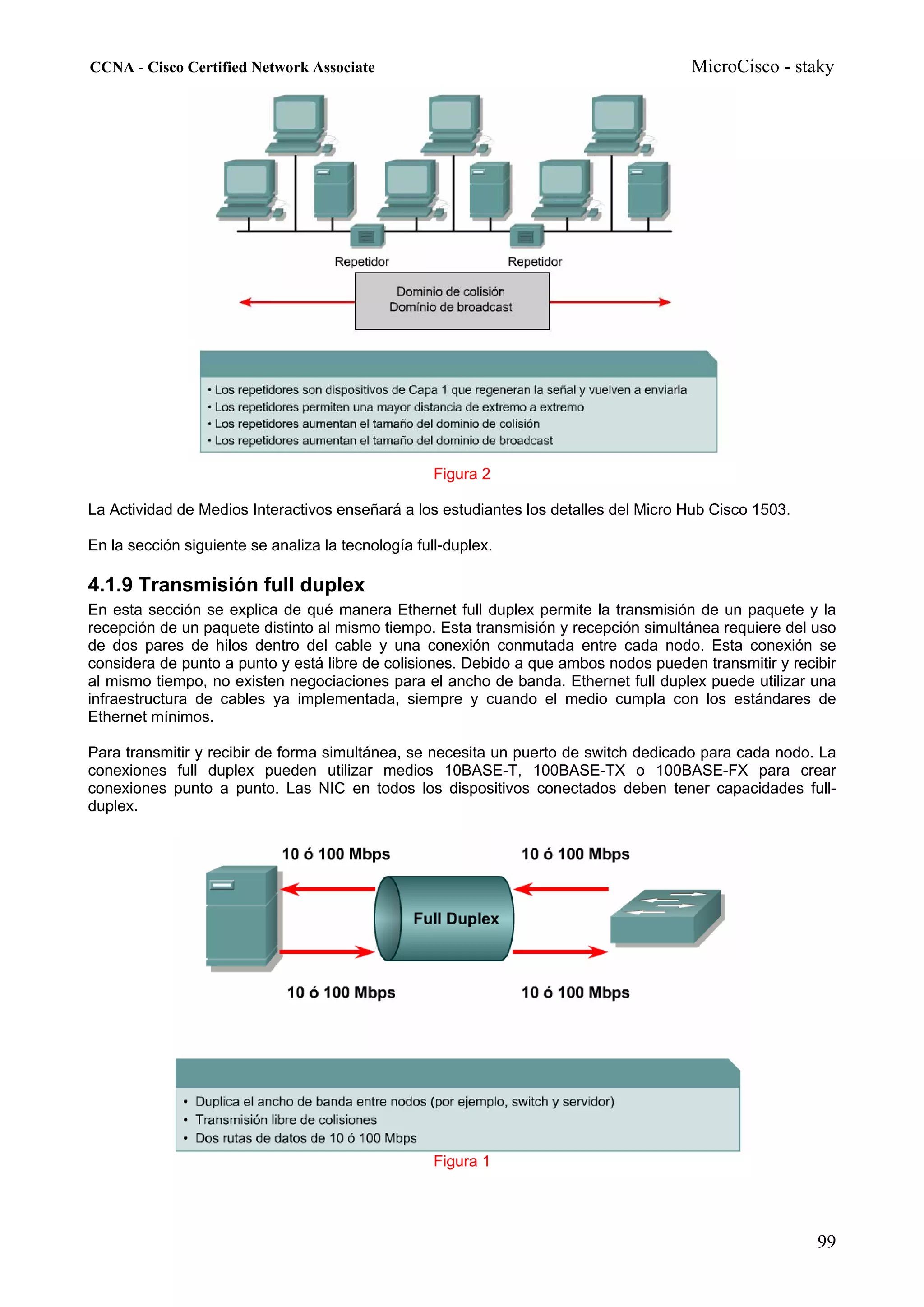CCNA - Cisco Certified Network Associate                                              MicroCisco - staky




                                                    Figura 2

La Actividad de Medios Interactivos enseñará a los estudiantes los detalles del Micro Hub Cisco 1503.

En la sección siguiente se analiza la tecnología full-duplex.

4.1.9 Transmisión full duplex
En esta sección se explica de qué manera Ethernet full duplex permite la transmisión de un paquete y la
recepción de un paquete distinto al mismo tiempo. Esta transmisión y recepción simultánea requiere del uso
de dos pares de hilos dentro del cable y una conexión conmutada entre cada nodo. Esta conexión se
considera de punto a punto y está libre de colisiones. Debido a que ambos nodos pueden transmitir y recibir
al mismo tiempo, no existen negociaciones para el ancho de banda. Ethernet full duplex puede utilizar una
infraestructura de cables ya implementada, siempre y cuando el medio cumpla con los estándares de
Ethernet mínimos.

Para transmitir y recibir de forma simultánea, se necesita un puerto de switch dedicado para cada nodo. La
conexiones full duplex pueden utilizar medios 10BASE-T, 100BASE-TX o 100BASE-FX para crear
conexiones punto a punto. Las NIC en todos los dispositivos conectados deben tener capacidades full-
duplex.




                                                    Figura 1




                                                                                                        99
 