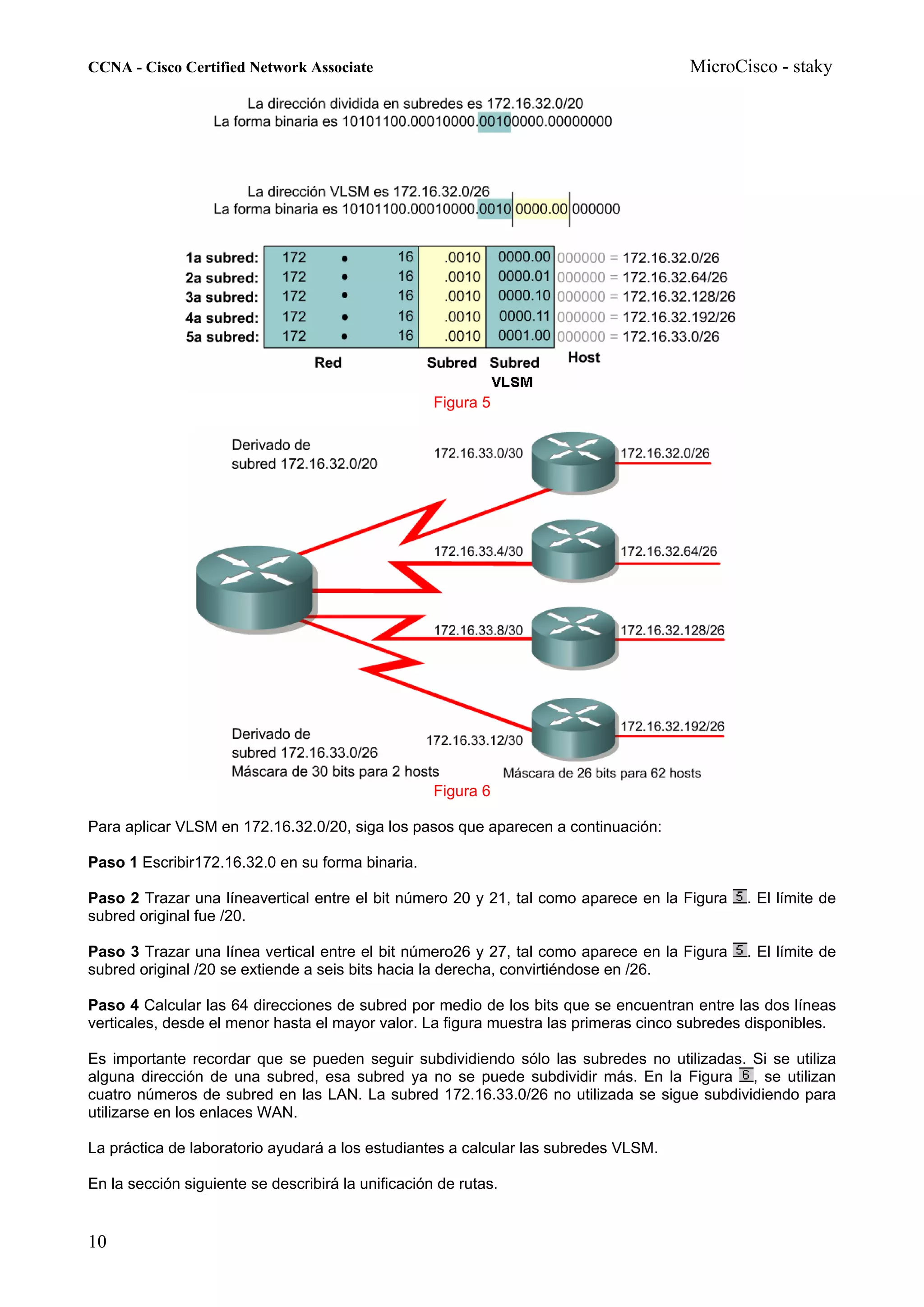 CCNA - Cisco Certified Network Associate                                              MicroCisco - staky




                                                    Figura 5




                                                    Figura 6

Para aplicar VLSM en 172.16.32.0/20, siga los pasos que aparecen a continuación:

Paso 1 Escribir172.16.32.0 en su forma binaria.

Paso 2 Trazar una líneavertical entre el bit número 20 y 21, tal como aparece en la Figura    . El límite de
subred original fue /20.

Paso 3 Trazar una línea vertical entre el bit número26 y 27, tal como aparece en la Figura    . El límite de
subred original /20 se extiende a seis bits hacia la derecha, convirtiéndose en /26.

Paso 4 Calcular las 64 direcciones de subred por medio de los bits que se encuentran entre las dos líneas
verticales, desde el menor hasta el mayor valor. La figura muestra las primeras cinco subredes disponibles.

Es importante recordar que se pueden seguir subdividiendo sólo las subredes no utilizadas. Si se utiliza
alguna dirección de una subred, esa subred ya no se puede subdividir más. En la Figura , se utilizan
cuatro números de subred en las LAN. La subred 172.16.33.0/26 no utilizada se sigue subdividiendo para
utilizarse en los enlaces WAN.

La práctica de laboratorio ayudará a los estudiantes a calcular las subredes VLSM.

En la sección siguiente se describirá la unificación de rutas.


10
 