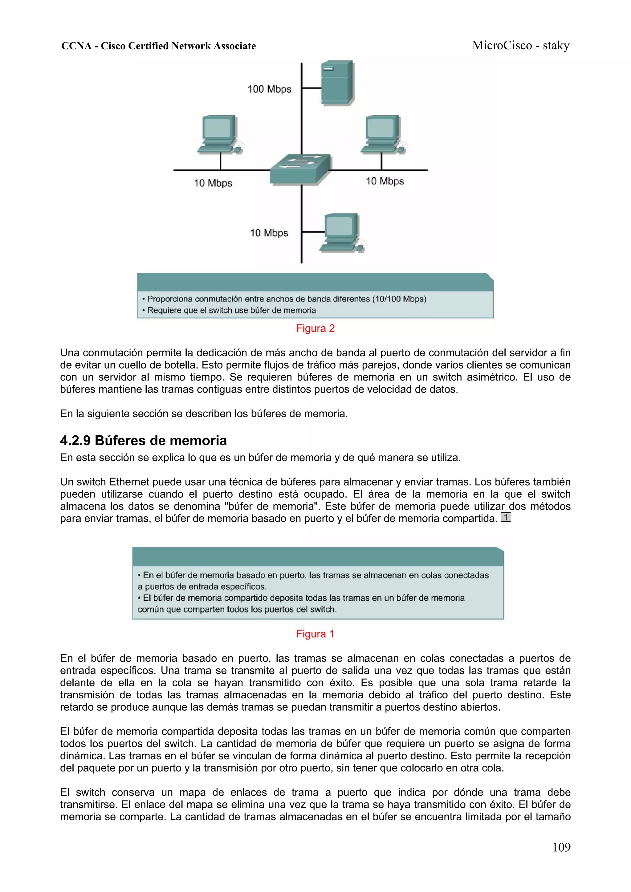 CCNA - Cisco Certified Network Associate                                                MicroCisco - staky




                                                  Figura 2

Una conmutación permite la dedicación de más ancho de banda al puerto de conmutación del servidor a fin
de evitar un cuello de botella. Esto permite flujos de tráfico más parejos, donde varios clientes se comunican
con un servidor al mismo tiempo. Se requieren búferes de memoria en un switch asimétrico. El uso de
búferes mantiene las tramas contiguas entre distintos puertos de velocidad de datos.

En la siguiente sección se describen los búferes de memoria.

4.2.9 Búferes de memoria
En esta sección se explica lo que es un búfer de memoria y de qué manera se utiliza.

Un switch Ethernet puede usar una técnica de búferes para almacenar y enviar tramas. Los búferes también
pueden utilizarse cuando el puerto destino está ocupado. El área de la memoria en la que el switch
almacena los datos se denomina "búfer de memoria". Este búfer de memoria puede utilizar dos métodos
para enviar tramas, el búfer de memoria basado en puerto y el búfer de memoria compartida.




                                                  Figura 1

En el búfer de memoria basado en puerto, las tramas se almacenan en colas conectadas a puertos de
entrada específicos. Una trama se transmite al puerto de salida una vez que todas las tramas que están
delante de ella en la cola se hayan transmitido con éxito. Es posible que una sola trama retarde la
transmisión de todas las tramas almacenadas en la memoria debido al tráfico del puerto destino. Este
retardo se produce aunque las demás tramas se puedan transmitir a puertos destino abiertos.

El búfer de memoria compartida deposita todas las tramas en un búfer de memoria común que comparten
todos los puertos del switch. La cantidad de memoria de búfer que requiere un puerto se asigna de forma
dinámica. Las tramas en el búfer se vinculan de forma dinámica al puerto destino. Esto permite la recepción
del paquete por un puerto y la transmisión por otro puerto, sin tener que colocarlo en otra cola.

El switch conserva un mapa de enlaces de trama a puerto que indica por dónde una trama debe
transmitirse. El enlace del mapa se elimina una vez que la trama se haya transmitido con éxito. El búfer de
memoria se comparte. La cantidad de tramas almacenadas en el búfer se encuentra limitada por el tamaño

                                                                                                         109
 