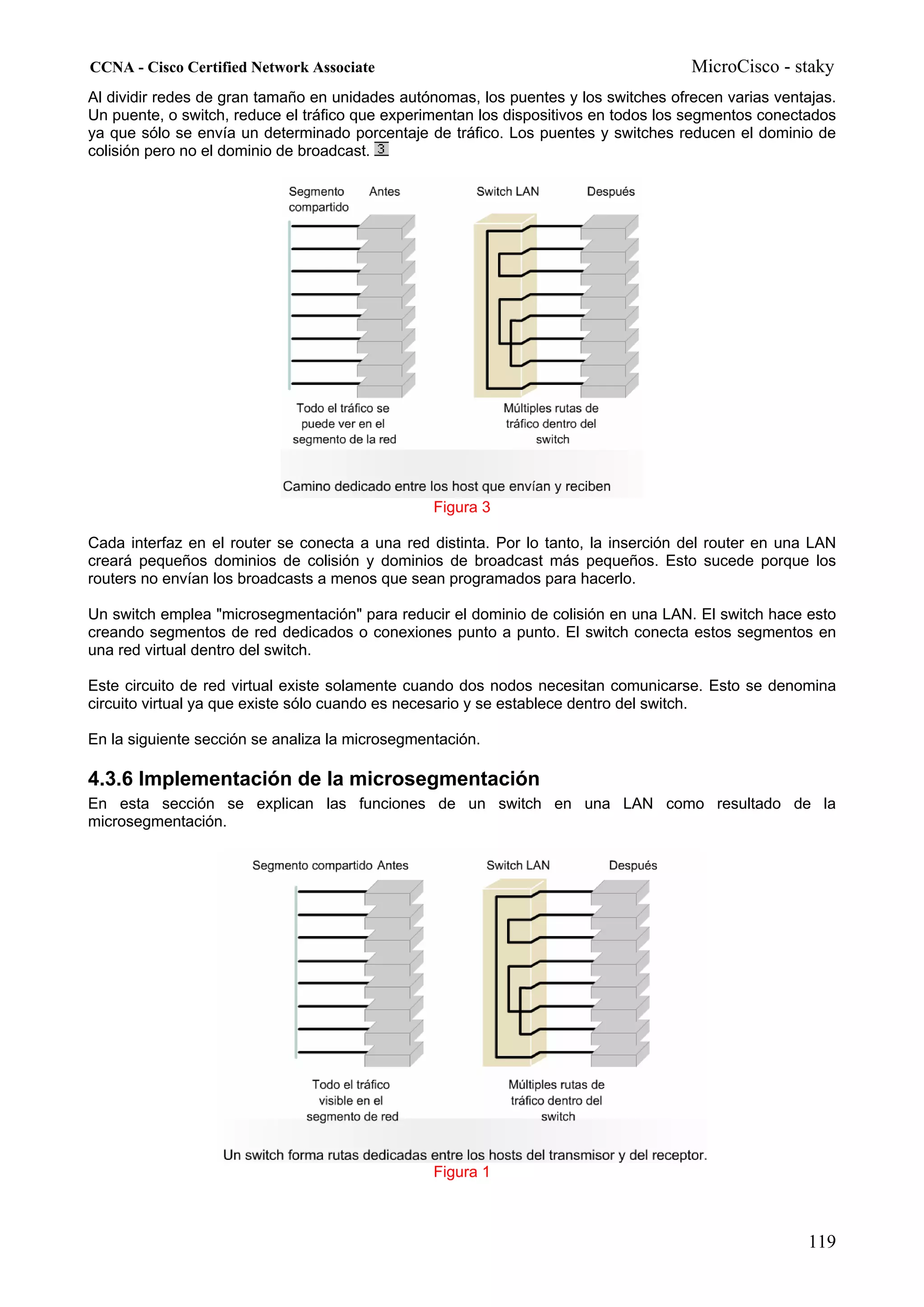 CCNA - Cisco Certified Network Associate                                             MicroCisco - staky
Al dividir redes de gran tamaño en unidades autónomas, los puentes y los switches ofrecen varias ventajas.
Un puente, o switch, reduce el tráfico que experimentan los dispositivos en todos los segmentos conectados
ya que sólo se envía un determinado porcentaje de tráfico. Los puentes y switches reducen el dominio de
colisión pero no el dominio de broadcast.




                                                 Figura 3

Cada interfaz en el router se conecta a una red distinta. Por lo tanto, la inserción del router en una LAN
creará pequeños dominios de colisión y dominios de broadcast más pequeños. Esto sucede porque los
routers no envían los broadcasts a menos que sean programados para hacerlo.

Un switch emplea "microsegmentación" para reducir el dominio de colisión en una LAN. El switch hace esto
creando segmentos de red dedicados o conexiones punto a punto. El switch conecta estos segmentos en
una red virtual dentro del switch.

Este circuito de red virtual existe solamente cuando dos nodos necesitan comunicarse. Esto se denomina
circuito virtual ya que existe sólo cuando es necesario y se establece dentro del switch.

En la siguiente sección se analiza la microsegmentación.

4.3.6 Implementación de la microsegmentación
En esta sección se explican las funciones de un switch en una LAN como resultado de la
microsegmentación.




                                                 Figura 1



                                                                                                      119
 