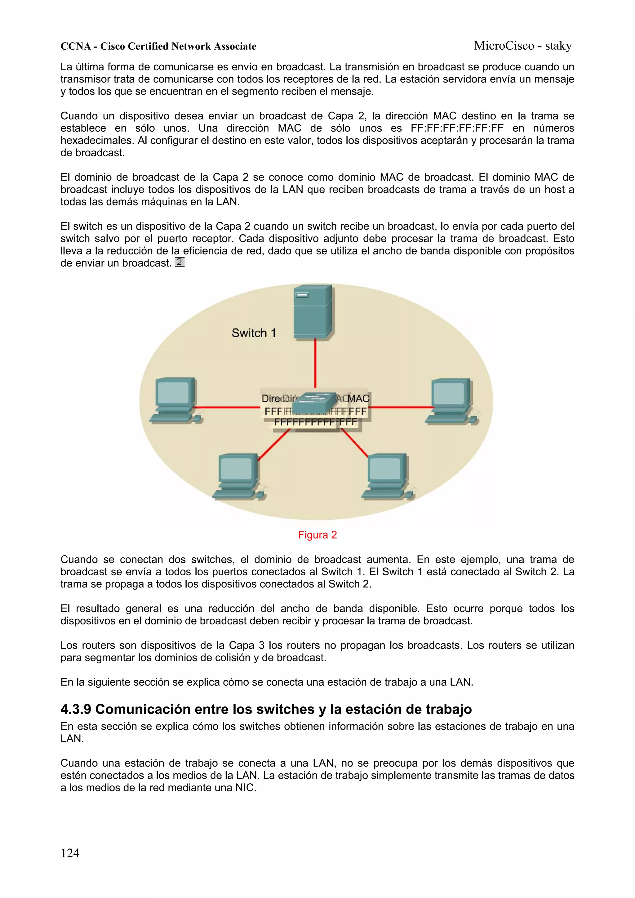 CCNA - Cisco Certified Network Associate                                                MicroCisco - staky
La última forma de comunicarse es envío en broadcast. La transmisión en broadcast se produce cuando un
transmisor trata de comunicarse con todos los receptores de la red. La estación servidora envía un mensaje
y todos los que se encuentran en el segmento reciben el mensaje.

Cuando un dispositivo desea enviar un broadcast de Capa 2, la dirección MAC destino en la trama se
establece en sólo unos. Una dirección MAC de sólo unos es FF:FF:FF:FF:FF:FF en números
hexadecimales. Al configurar el destino en este valor, todos los dispositivos aceptarán y procesarán la trama
de broadcast.

El dominio de broadcast de la Capa 2 se conoce como dominio MAC de broadcast. El dominio MAC de
broadcast incluye todos los dispositivos de la LAN que reciben broadcasts de trama a través de un host a
todas las demás máquinas en la LAN.

El switch es un dispositivo de la Capa 2 cuando un switch recibe un broadcast, lo envía por cada puerto del
switch salvo por el puerto receptor. Cada dispositivo adjunto debe procesar la trama de broadcast. Esto
lleva a la reducción de la eficiencia de red, dado que se utiliza el ancho de banda disponible con propósitos
de enviar un broadcast.




                                                  Figura 2

Cuando se conectan dos switches, el dominio de broadcast aumenta. En este ejemplo, una trama de
broadcast se envía a todos los puertos conectados al Switch 1. El Switch 1 está conectado al Switch 2. La
trama se propaga a todos los dispositivos conectados al Switch 2.

El resultado general es una reducción del ancho de banda disponible. Esto ocurre porque todos los
dispositivos en el dominio de broadcast deben recibir y procesar la trama de broadcast.

Los routers son dispositivos de la Capa 3 los routers no propagan los broadcasts. Los routers se utilizan
para segmentar los dominios de colisión y de broadcast.

En la siguiente sección se explica cómo se conecta una estación de trabajo a una LAN.

4.3.9 Comunicación entre los switches y la estación de trabajo
En esta sección se explica cómo los switches obtienen información sobre las estaciones de trabajo en una
LAN.

Cuando una estación de trabajo se conecta a una LAN, no se preocupa por los demás dispositivos que
estén conectados a los medios de la LAN. La estación de trabajo simplemente transmite las tramas de datos
a los medios de la red mediante una NIC.




124
 