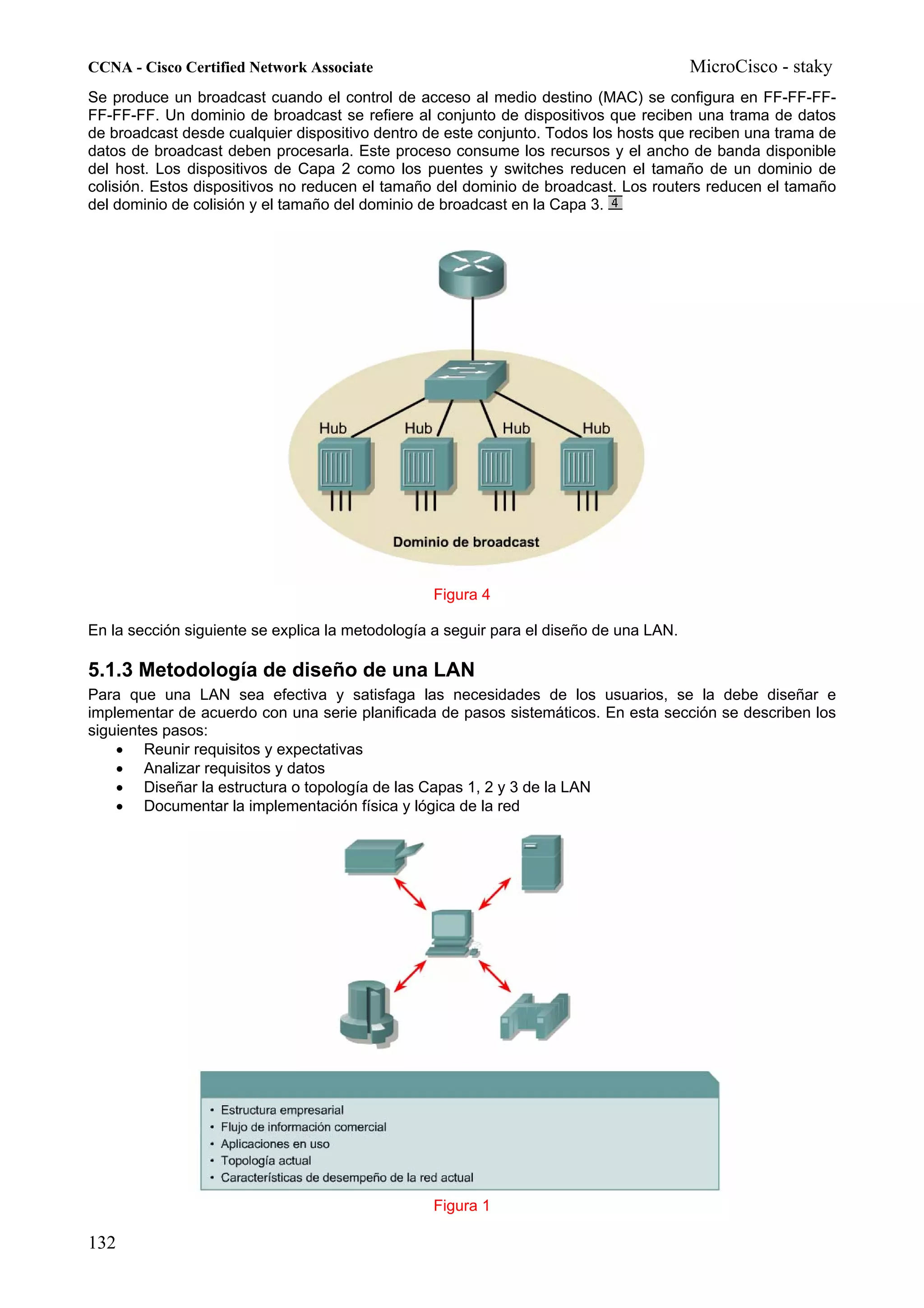 CCNA - Cisco Certified Network Associate                                                MicroCisco - staky
Se produce un broadcast cuando el control de acceso al medio destino (MAC) se configura en FF-FF-FF-
FF-FF-FF. Un dominio de broadcast se refiere al conjunto de dispositivos que reciben una trama de datos
de broadcast desde cualquier dispositivo dentro de este conjunto. Todos los hosts que reciben una trama de
datos de broadcast deben procesarla. Este proceso consume los recursos y el ancho de banda disponible
del host. Los dispositivos de Capa 2 como los puentes y switches reducen el tamaño de un dominio de
colisión. Estos dispositivos no reducen el tamaño del dominio de broadcast. Los routers reducen el tamaño
del dominio de colisión y el tamaño del dominio de broadcast en la Capa 3.




                                                 Figura 4

En la sección siguiente se explica la metodología a seguir para el diseño de una LAN.

5.1.3 Metodología de diseño de una LAN
Para que una LAN sea efectiva y satisfaga las necesidades de los usuarios, se la debe diseñar e
implementar de acuerdo con una serie planificada de pasos sistemáticos. En esta sección se describen los
siguientes pasos:
    • Reunir requisitos y expectativas
    • Analizar requisitos y datos
    • Diseñar la estructura o topología de las Capas 1, 2 y 3 de la LAN
    • Documentar la implementación física y lógica de la red




                                                 Figura 1

132
 