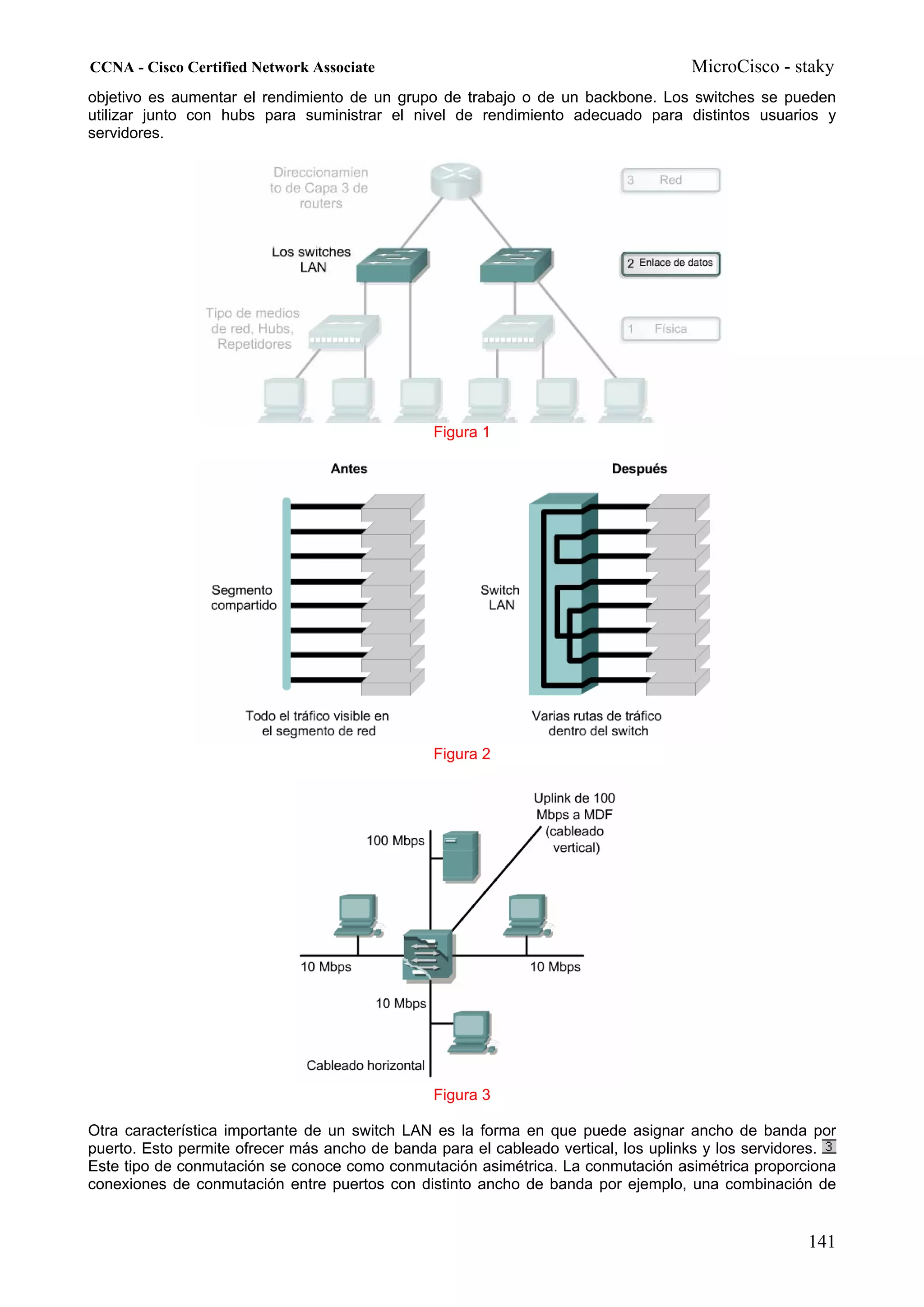 CCNA - Cisco Certified Network Associate                                           MicroCisco - staky
objetivo es aumentar el rendimiento de un grupo de trabajo o de un backbone. Los switches se pueden
utilizar junto con hubs para suministrar el nivel de rendimiento adecuado para distintos usuarios y
servidores.




                                                Figura 1




                                                Figura 2




                                                Figura 3

Otra característica importante de un switch LAN es la forma en que puede asignar ancho de banda por
puerto. Esto permite ofrecer más ancho de banda para el cableado vertical, los uplinks y los servidores.
Este tipo de conmutación se conoce como conmutación asimétrica. La conmutación asimétrica proporciona
conexiones de conmutación entre puertos con distinto ancho de banda por ejemplo, una combinación de


                                                                                                    141
 