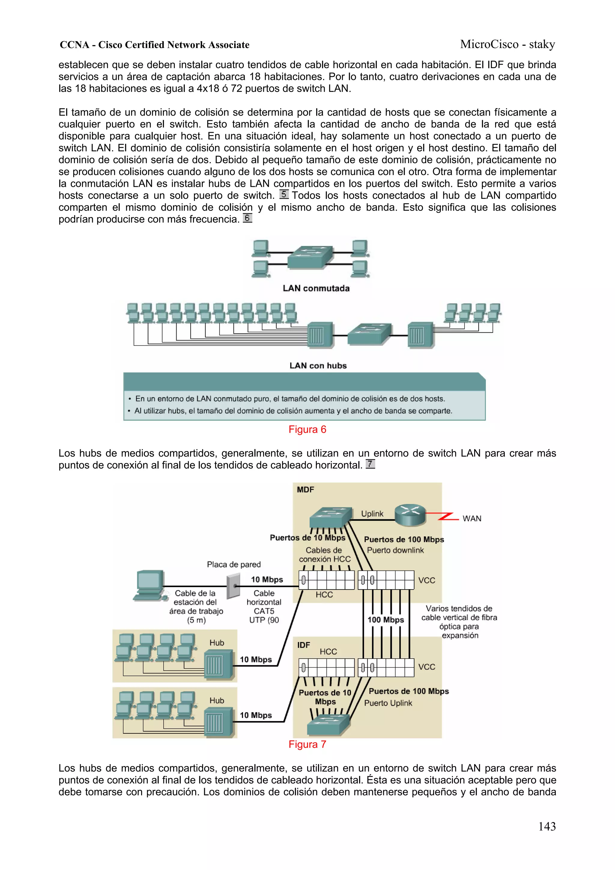 CCNA - Cisco Certified Network Associate                                               MicroCisco - staky
establecen que se deben instalar cuatro tendidos de cable horizontal en cada habitación. El IDF que brinda
servicios a un área de captación abarca 18 habitaciones. Por lo tanto, cuatro derivaciones en cada una de
las 18 habitaciones es igual a 4x18 ó 72 puertos de switch LAN.

El tamaño de un dominio de colisión se determina por la cantidad de hosts que se conectan físicamente a
cualquier puerto en el switch. Esto también afecta la cantidad de ancho de banda de la red que está
disponible para cualquier host. En una situación ideal, hay solamente un host conectado a un puerto de
switch LAN. El dominio de colisión consistiría solamente en el host origen y el host destino. El tamaño del
dominio de colisión sería de dos. Debido al pequeño tamaño de este dominio de colisión, prácticamente no
se producen colisiones cuando alguno de los dos hosts se comunica con el otro. Otra forma de implementar
la conmutación LAN es instalar hubs de LAN compartidos en los puertos del switch. Esto permite a varios
hosts conectarse a un solo puerto de switch.       Todos los hosts conectados al hub de LAN compartido
comparten el mismo dominio de colisión y el mismo ancho de banda. Esto significa que las colisiones
podrían producirse con más frecuencia.




                                                 Figura 6

Los hubs de medios compartidos, generalmente, se utilizan en un entorno de switch LAN para crear más
puntos de conexión al final de los tendidos de cableado horizontal.




                                                 Figura 7

Los hubs de medios compartidos, generalmente, se utilizan en un entorno de switch LAN para crear más
puntos de conexión al final de los tendidos de cableado horizontal. Ésta es una situación aceptable pero que
debe tomarse con precaución. Los dominios de colisión deben mantenerse pequeños y el ancho de banda


                                                                                                       143
 