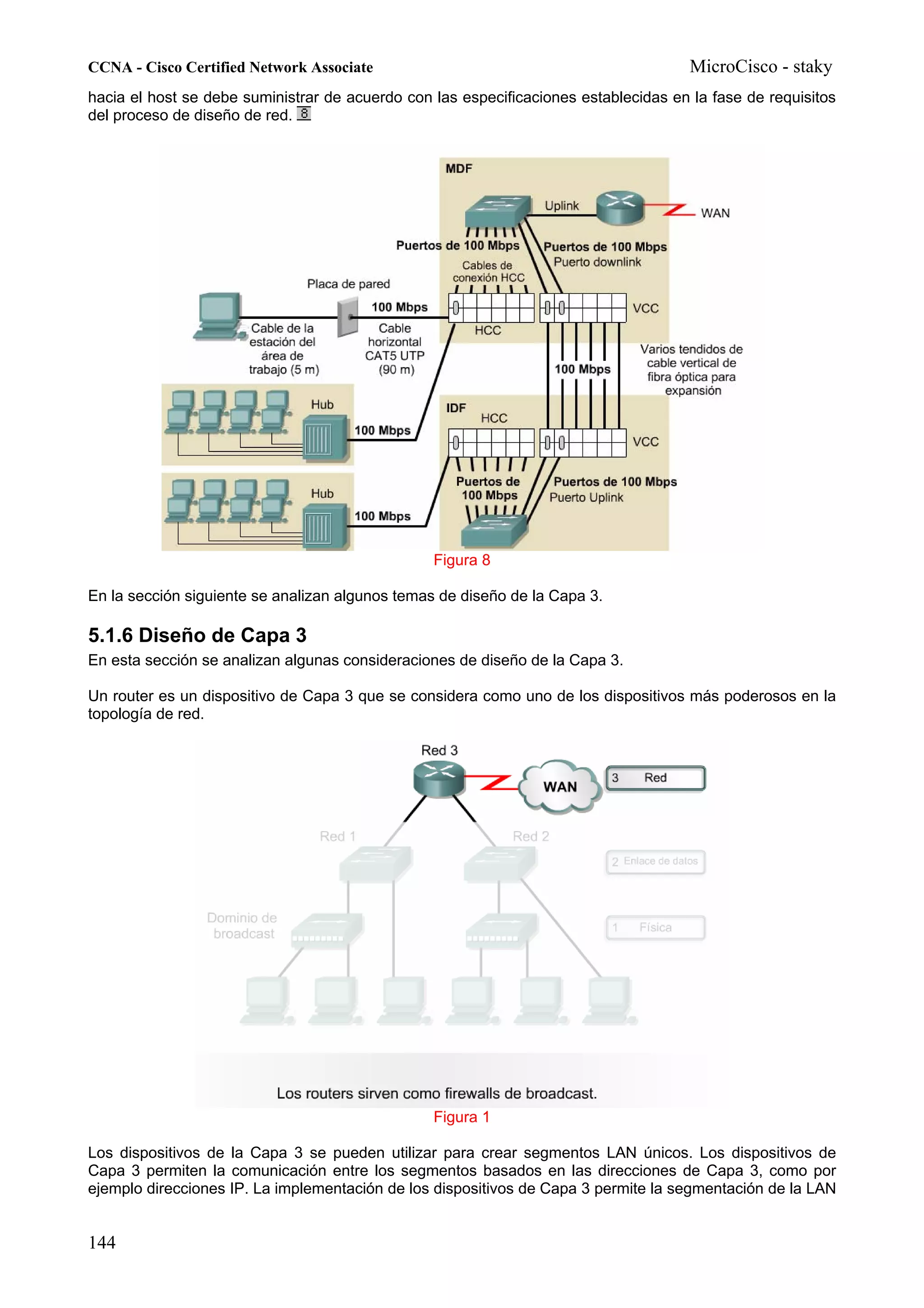 CCNA - Cisco Certified Network Associate                                              MicroCisco - staky
hacia el host se debe suministrar de acuerdo con las especificaciones establecidas en la fase de requisitos
del proceso de diseño de red.




                                                 Figura 8

En la sección siguiente se analizan algunos temas de diseño de la Capa 3.

5.1.6 Diseño de Capa 3
En esta sección se analizan algunas consideraciones de diseño de la Capa 3.

Un router es un dispositivo de Capa 3 que se considera como uno de los dispositivos más poderosos en la
topología de red.




                                                 Figura 1

Los dispositivos de la Capa 3 se pueden utilizar para crear segmentos LAN únicos. Los dispositivos de
Capa 3 permiten la comunicación entre los segmentos basados en las direcciones de Capa 3, como por
ejemplo direcciones IP. La implementación de los dispositivos de Capa 3 permite la segmentación de la LAN


144
 