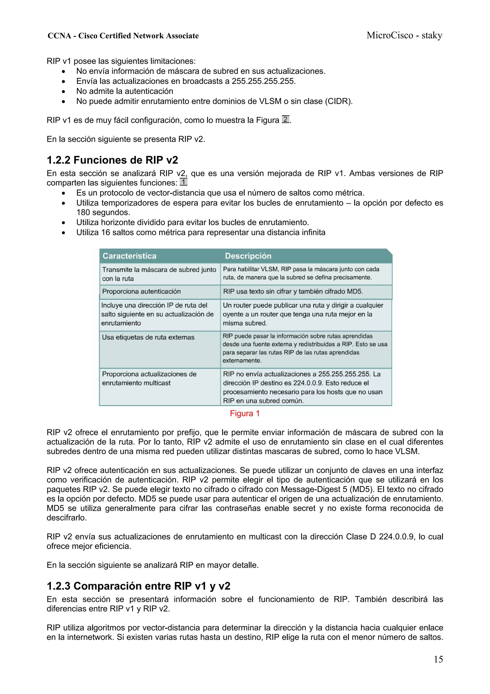 CCNA - Cisco Certified Network Associate                                                MicroCisco - staky

RIP v1 posee las siguientes limitaciones:
   • No envía información de máscara de subred en sus actualizaciones.
   • Envía las actualizaciones en broadcasts a 255.255.255.255.
   • No admite la autenticación
   • No puede admitir enrutamiento entre dominios de VLSM o sin clase (CIDR).

RIP v1 es de muy fácil configuración, como lo muestra la Figura    .

En la sección siguiente se presenta RIP v2.

1.2.2 Funciones de RIP v2
En esta sección se analizará RIP v2, que es una versión mejorada de RIP v1. Ambas versiones de RIP
comparten las siguientes funciones:
   • Es un protocolo de vector-distancia que usa el número de saltos como métrica.
   • Utiliza temporizadores de espera para evitar los bucles de enrutamiento – la opción por defecto es
       180 segundos.
   • Utiliza horizonte dividido para evitar los bucles de enrutamiento.
   • Utiliza 16 saltos como métrica para representar una distancia infinita




                                                  Figura 1

RIP v2 ofrece el enrutamiento por prefijo, que le permite enviar información de máscara de subred con la
actualización de la ruta. Por lo tanto, RIP v2 admite el uso de enrutamiento sin clase en el cual diferentes
subredes dentro de una misma red pueden utilizar distintas mascaras de subred, como lo hace VLSM.

RIP v2 ofrece autenticación en sus actualizaciones. Se puede utilizar un conjunto de claves en una interfaz
como verificación de autenticación. RIP v2 permite elegir el tipo de autenticación que se utilizará en los
paquetes RIP v2. Se puede elegir texto no cifrado o cifrado con Message-Digest 5 (MD5). El texto no cifrado
es la opción por defecto. MD5 se puede usar para autenticar el origen de una actualización de enrutamiento.
MD5 se utiliza generalmente para cifrar las contraseñas enable secret y no existe forma reconocida de
descifrarlo.

RIP v2 envía sus actualizaciones de enrutamiento en multicast con la dirección Clase D 224.0.0.9, lo cual
ofrece mejor eficiencia.

En la sección siguiente se analizará RIP en mayor detalle.

1.2.3 Comparación entre RIP v1 y v2
En esta sección se presentará información sobre el funcionamiento de RIP. También describirá las
diferencias entre RIP v1 y RIP v2.

RIP utiliza algoritmos por vector-distancia para determinar la dirección y la distancia hacia cualquier enlace
en la internetwork. Si existen varias rutas hasta un destino, RIP elige la ruta con el menor número de saltos.

                                                                                                           15
 