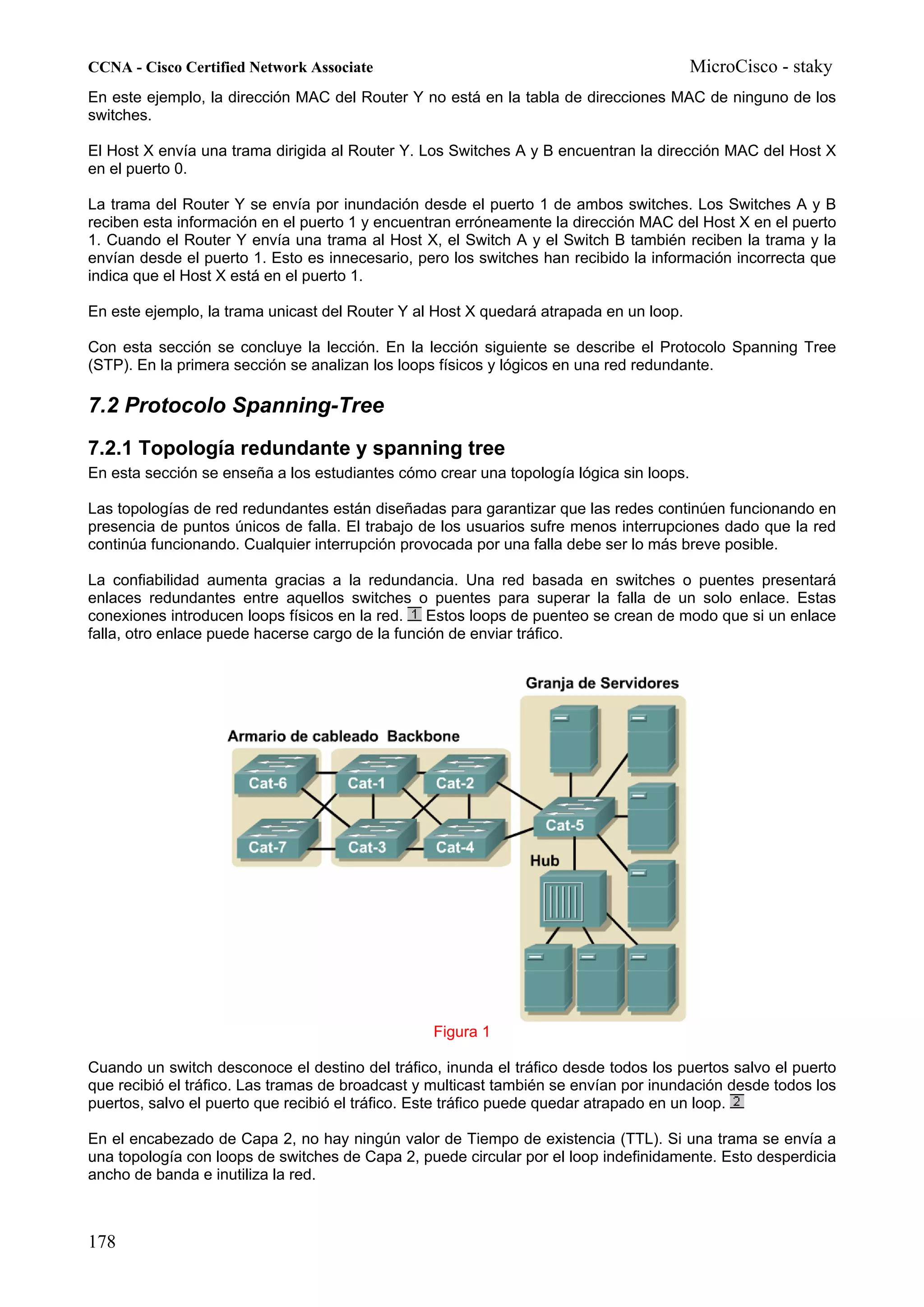 CCNA - Cisco Certified Network Associate                                                 MicroCisco - staky
En este ejemplo, la dirección MAC del Router Y no está en la tabla de direcciones MAC de ninguno de los
switches.

El Host X envía una trama dirigida al Router Y. Los Switches A y B encuentran la dirección MAC del Host X
en el puerto 0.

La trama del Router Y se envía por inundación desde el puerto 1 de ambos switches. Los Switches A y B
reciben esta información en el puerto 1 y encuentran erróneamente la dirección MAC del Host X en el puerto
1. Cuando el Router Y envía una trama al Host X, el Switch A y el Switch B también reciben la trama y la
envían desde el puerto 1. Esto es innecesario, pero los switches han recibido la información incorrecta que
indica que el Host X está en el puerto 1.

En este ejemplo, la trama unicast del Router Y al Host X quedará atrapada en un loop.

Con esta sección se concluye la lección. En la lección siguiente se describe el Protocolo Spanning Tree
(STP). En la primera sección se analizan los loops físicos y lógicos en una red redundante.

7.2 Protocolo Spanning-Tree
7.2.1 Topología redundante y spanning tree
En esta sección se enseña a los estudiantes cómo crear una topología lógica sin loops.

Las topologías de red redundantes están diseñadas para garantizar que las redes continúen funcionando en
presencia de puntos únicos de falla. El trabajo de los usuarios sufre menos interrupciones dado que la red
continúa funcionando. Cualquier interrupción provocada por una falla debe ser lo más breve posible.

La confiabilidad aumenta gracias a la redundancia. Una red basada en switches o puentes presentará
enlaces redundantes entre aquellos switches o puentes para superar la falla de un solo enlace. Estas
conexiones introducen loops físicos en la red. Estos loops de puenteo se crean de modo que si un enlace
falla, otro enlace puede hacerse cargo de la función de enviar tráfico.




                                                 Figura 1

Cuando un switch desconoce el destino del tráfico, inunda el tráfico desde todos los puertos salvo el puerto
que recibió el tráfico. Las tramas de broadcast y multicast también se envían por inundación desde todos los
puertos, salvo el puerto que recibió el tráfico. Este tráfico puede quedar atrapado en un loop.

En el encabezado de Capa 2, no hay ningún valor de Tiempo de existencia (TTL). Si una trama se envía a
una topología con loops de switches de Capa 2, puede circular por el loop indefinidamente. Esto desperdicia
ancho de banda e inutiliza la red.



178
 
