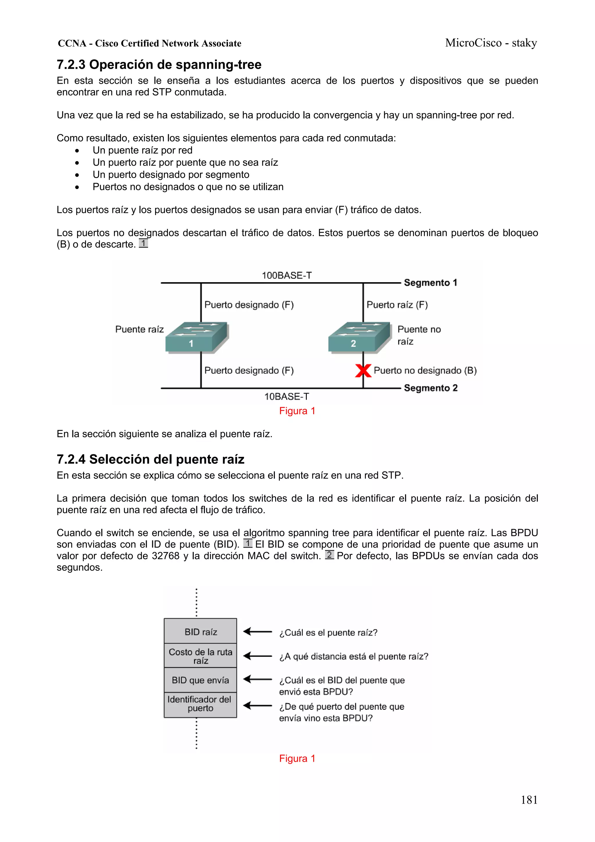 CCNA - Cisco Certified Network Associate                                              MicroCisco - staky
7.2.3 Operación de spanning-tree
En esta sección se le enseña a los estudiantes acerca de los puertos y dispositivos que se pueden
encontrar en una red STP conmutada.

Una vez que la red se ha estabilizado, se ha producido la convergencia y hay un spanning-tree por red.

Como resultado, existen los siguientes elementos para cada red conmutada:
   • Un puente raíz por red
   • Un puerto raíz por puente que no sea raíz
   • Un puerto designado por segmento
   • Puertos no designados o que no se utilizan

Los puertos raíz y los puertos designados se usan para enviar (F) tráfico de datos.

Los puertos no designados descartan el tráfico de datos. Estos puertos se denominan puertos de bloqueo
(B) o de descarte.




                                                     Figura 1

En la sección siguiente se analiza el puente raíz.

7.2.4 Selección del puente raíz
En esta sección se explica cómo se selecciona el puente raíz en una red STP.

La primera decisión que toman todos los switches de la red es identificar el puente raíz. La posición del
puente raíz en una red afecta el flujo de tráfico.

Cuando el switch se enciende, se usa el algoritmo spanning tree para identificar el puente raíz. Las BPDU
son enviadas con el ID de puente (BID).    El BID se compone de una prioridad de puente que asume un
valor por defecto de 32768 y la dirección MAC del switch.    Por defecto, las BPDUs se envían cada dos
segundos.




                                                     Figura 1



                                                                                                         181
 