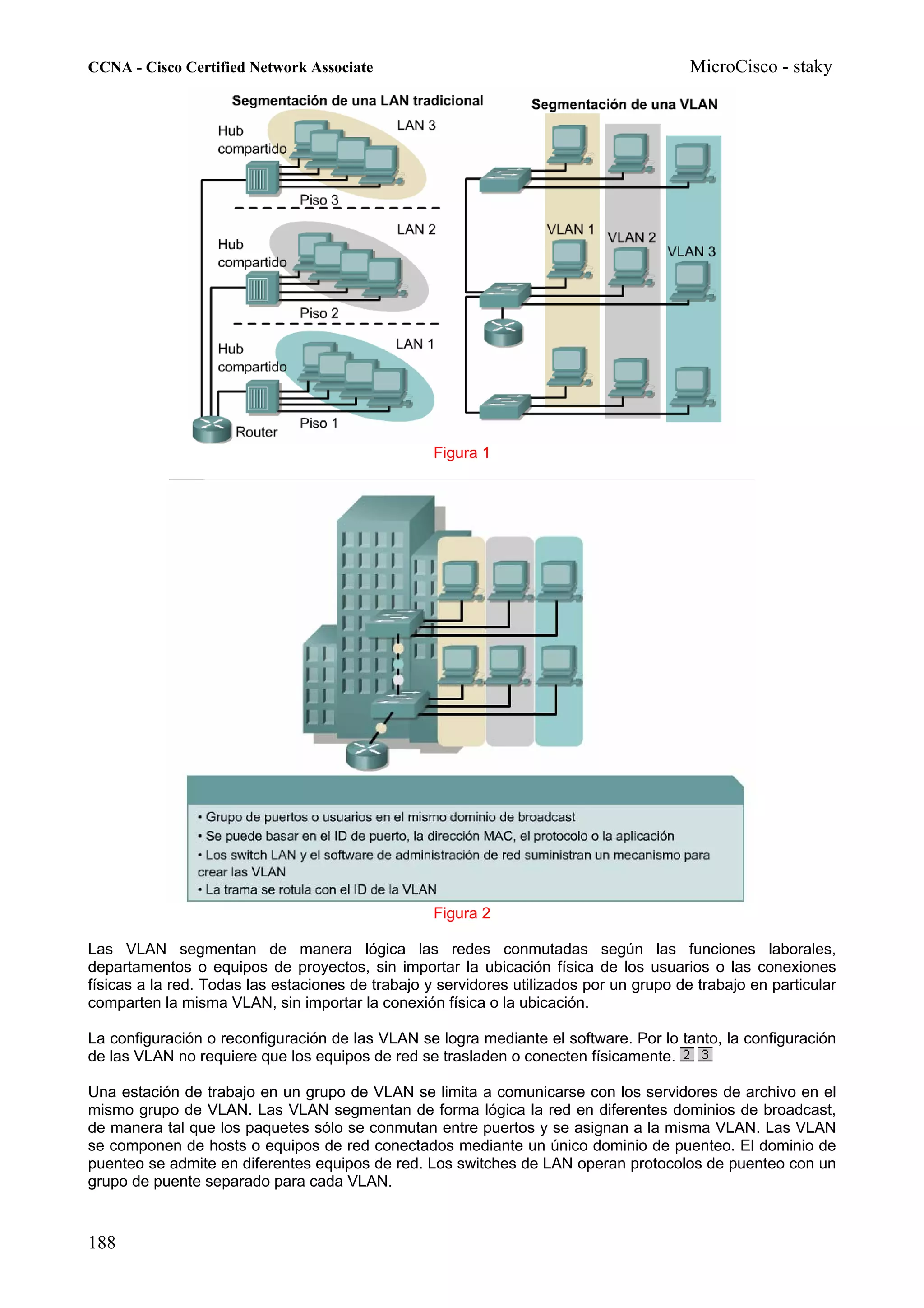 CCNA - Cisco Certified Network Associate                                                 MicroCisco - staky




                                                   Figura 1




                                                   Figura 2

Las VLAN segmentan de manera lógica las redes conmutadas según las funciones laborales,
departamentos o equipos de proyectos, sin importar la ubicación física de los usuarios o las conexiones
físicas a la red. Todas las estaciones de trabajo y servidores utilizados por un grupo de trabajo en particular
comparten la misma VLAN, sin importar la conexión física o la ubicación.

La configuración o reconfiguración de las VLAN se logra mediante el software. Por lo tanto, la configuración
de las VLAN no requiere que los equipos de red se trasladen o conecten físicamente.

Una estación de trabajo en un grupo de VLAN se limita a comunicarse con los servidores de archivo en el
mismo grupo de VLAN. Las VLAN segmentan de forma lógica la red en diferentes dominios de broadcast,
de manera tal que los paquetes sólo se conmutan entre puertos y se asignan a la misma VLAN. Las VLAN
se componen de hosts o equipos de red conectados mediante un único dominio de puenteo. El dominio de
puenteo se admite en diferentes equipos de red. Los switches de LAN operan protocolos de puenteo con un
grupo de puente separado para cada VLAN.


188
 