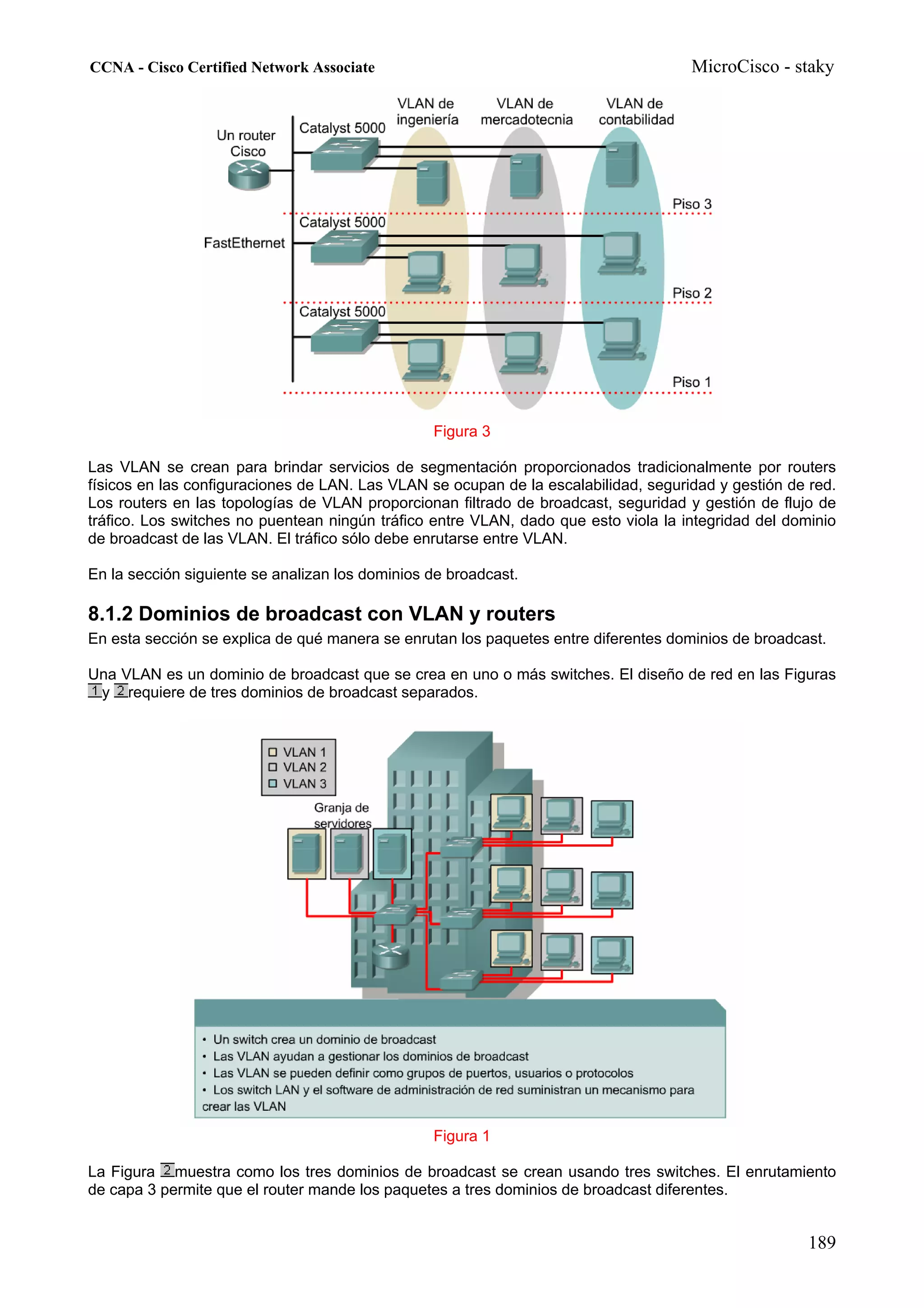 CCNA - Cisco Certified Network Associate                                             MicroCisco - staky




                                                 Figura 3

Las VLAN se crean para brindar servicios de segmentación proporcionados tradicionalmente por routers
físicos en las configuraciones de LAN. Las VLAN se ocupan de la escalabilidad, seguridad y gestión de red.
Los routers en las topologías de VLAN proporcionan filtrado de broadcast, seguridad y gestión de flujo de
tráfico. Los switches no puentean ningún tráfico entre VLAN, dado que esto viola la integridad del dominio
de broadcast de las VLAN. El tráfico sólo debe enrutarse entre VLAN.

En la sección siguiente se analizan los dominios de broadcast.

8.1.2 Dominios de broadcast con VLAN y routers
En esta sección se explica de qué manera se enrutan los paquetes entre diferentes dominios de broadcast.

Una VLAN es un dominio de broadcast que se crea en uno o más switches. El diseño de red en las Figuras
 y requiere de tres dominios de broadcast separados.




                                                 Figura 1

La Figura muestra como los tres dominios de broadcast se crean usando tres switches. El enrutamiento
de capa 3 permite que el router mande los paquetes a tres dominios de broadcast diferentes.


                                                                                                      189
 
