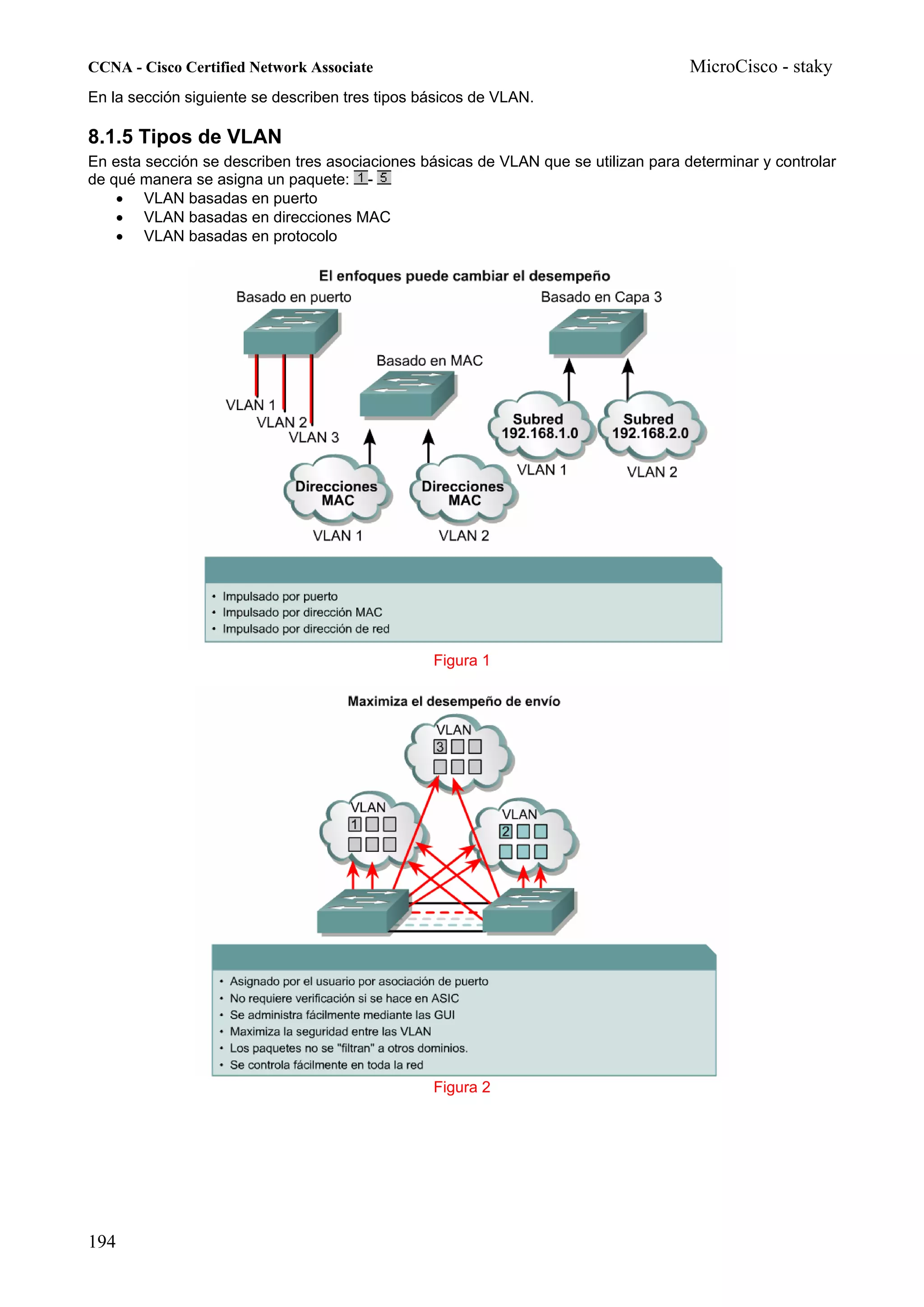 CCNA - Cisco Certified Network Associate                                             MicroCisco - staky
En la sección siguiente se describen tres tipos básicos de VLAN.

8.1.5 Tipos de VLAN
En esta sección se describen tres asociaciones básicas de VLAN que se utilizan para determinar y controlar
de qué manera se asigna un paquete: -
    • VLAN basadas en puerto
    • VLAN basadas en direcciones MAC
    • VLAN basadas en protocolo




                                                 Figura 1




                                                 Figura 2




194
 