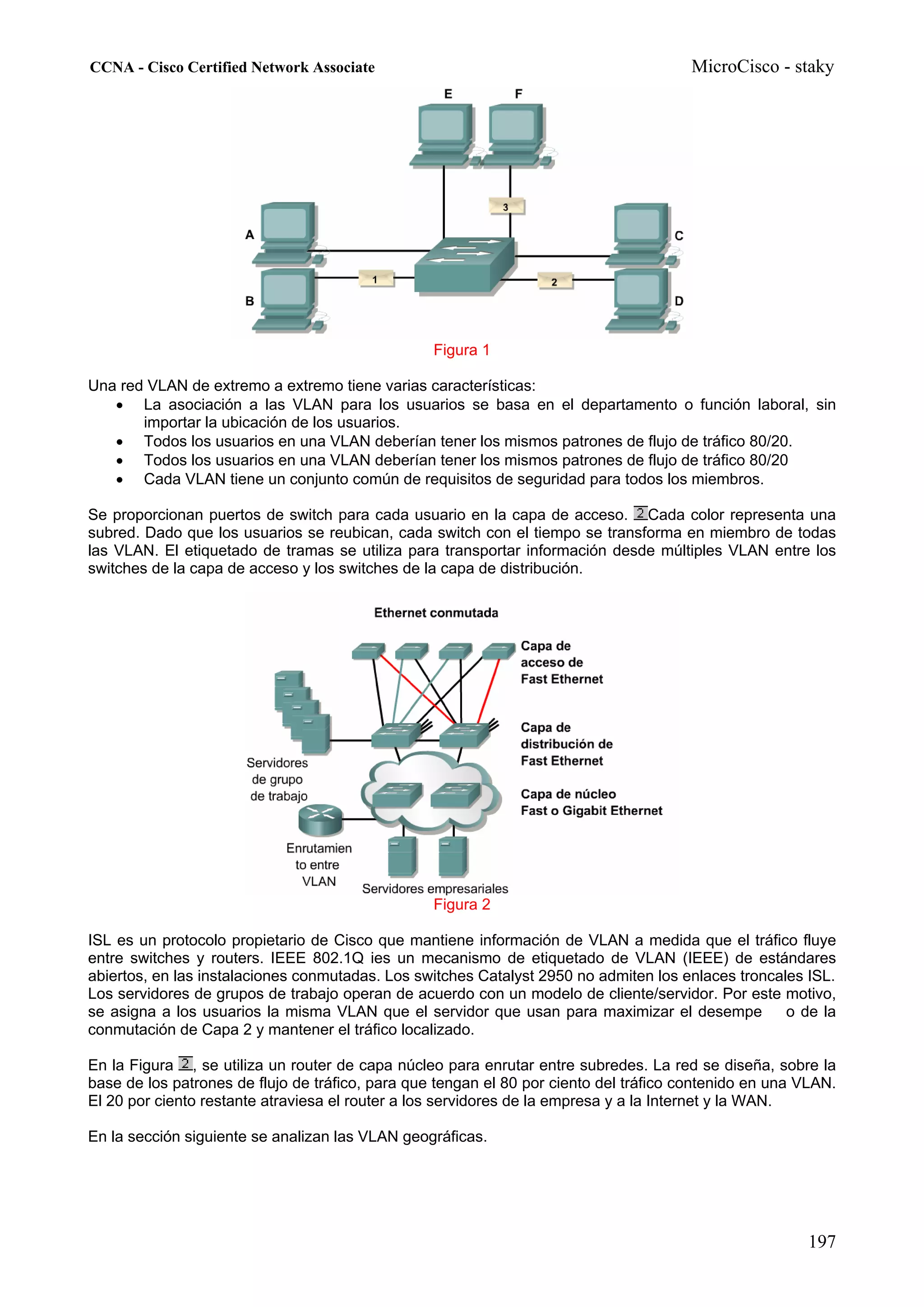 CCNA - Cisco Certified Network Associate                                               MicroCisco - staky




                                                  Figura 1

Una red VLAN de extremo a extremo tiene varias características:
   • La asociación a las VLAN para los usuarios se basa en el departamento o función laboral, sin
       importar la ubicación de los usuarios.
   • Todos los usuarios en una VLAN deberían tener los mismos patrones de flujo de tráfico 80/20.
   • Todos los usuarios en una VLAN deberían tener los mismos patrones de flujo de tráfico 80/20
   • Cada VLAN tiene un conjunto común de requisitos de seguridad para todos los miembros.

Se proporcionan puertos de switch para cada usuario en la capa de acceso. Cada color representa una
subred. Dado que los usuarios se reubican, cada switch con el tiempo se transforma en miembro de todas
las VLAN. El etiquetado de tramas se utiliza para transportar información desde múltiples VLAN entre los
switches de la capa de acceso y los switches de la capa de distribución.




                                                  Figura 2

ISL es un protocolo propietario de Cisco que mantiene información de VLAN a medida que el tráfico fluye
entre switches y routers. IEEE 802.1Q ies un mecanismo de etiquetado de VLAN (IEEE) de estándares
abiertos, en las instalaciones conmutadas. Los switches Catalyst 2950 no admiten los enlaces troncales ISL.
Los servidores de grupos de trabajo operan de acuerdo con un modelo de cliente/servidor. Por este motivo,
se asigna a los usuarios la misma VLAN que el servidor que usan para maximizar el desempe           o de la
conmutación de Capa 2 y mantener el tráfico localizado.

En la Figura , se utiliza un router de capa núcleo para enrutar entre subredes. La red se diseña, sobre la
base de los patrones de flujo de tráfico, para que tengan el 80 por ciento del tráfico contenido en una VLAN.
El 20 por ciento restante atraviesa el router a los servidores de la empresa y a la Internet y la WAN.

En la sección siguiente se analizan las VLAN geográficas.




                                                                                                        197
 