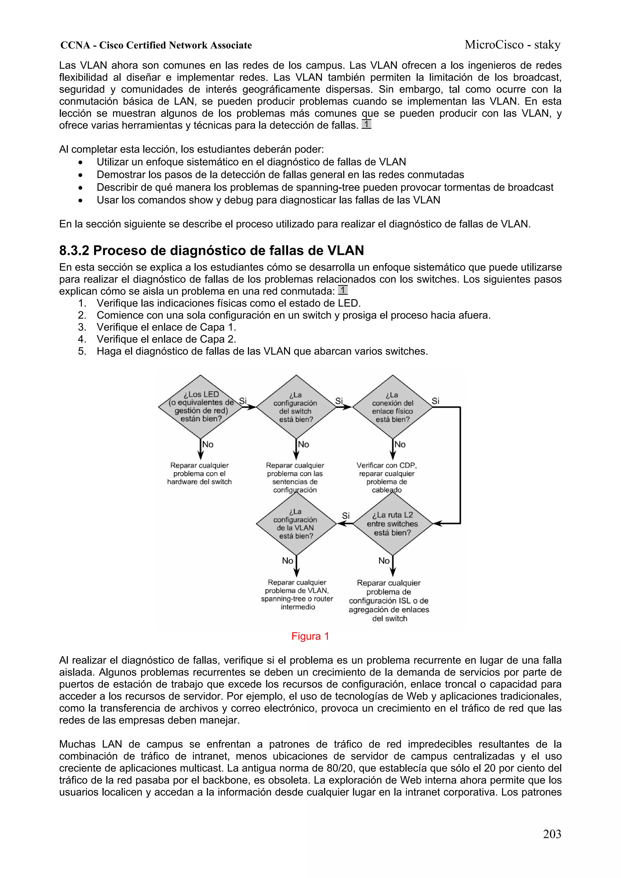 CCNA - Cisco Certified Network Associate                                                 MicroCisco - staky
Las VLAN ahora son comunes en las redes de los campus. Las VLAN ofrecen a los ingenieros de redes
flexibilidad al diseñar e implementar redes. Las VLAN también permiten la limitación de los broadcast,
seguridad y comunidades de interés geográficamente dispersas. Sin embargo, tal como ocurre con la
conmutación básica de LAN, se pueden producir problemas cuando se implementan las VLAN. En esta
lección se muestran algunos de los problemas más comunes que se pueden producir con las VLAN, y
ofrece varias herramientas y técnicas para la detección de fallas.

Al completar esta lección, los estudiantes deberán poder:
    • Utilizar un enfoque sistemático en el diagnóstico de fallas de VLAN
    • Demostrar los pasos de la detección de fallas general en las redes conmutadas
    • Describir de qué manera los problemas de spanning-tree pueden provocar tormentas de broadcast
    • Usar los comandos show y debug para diagnosticar las fallas de las VLAN

En la sección siguiente se describe el proceso utilizado para realizar el diagnóstico de fallas de VLAN.

8.3.2 Proceso de diagnóstico de fallas de VLAN
En esta sección se explica a los estudiantes cómo se desarrolla un enfoque sistemático que puede utilizarse
para realizar el diagnóstico de fallas de los problemas relacionados con los switches. Los siguientes pasos
explican cómo se aisla un problema en una red conmutada:
    1. Verifique las indicaciones físicas como el estado de LED.
    2. Comience con una sola configuración en un switch y prosiga el proceso hacia afuera.
    3. Verifique el enlace de Capa 1.
    4. Verifique el enlace de Capa 2.
    5. Haga el diagnóstico de fallas de las VLAN que abarcan varios switches.




                                                   Figura 1

Al realizar el diagnóstico de fallas, verifique si el problema es un problema recurrente en lugar de una falla
aislada. Algunos problemas recurrentes se deben un crecimiento de la demanda de servicios por parte de
puertos de estación de trabajo que excede los recursos de configuración, enlace troncal o capacidad para
acceder a los recursos de servidor. Por ejemplo, el uso de tecnologías de Web y aplicaciones tradicionales,
como la transferencia de archivos y correo electrónico, provoca un crecimiento en el tráfico de red que las
redes de las empresas deben manejar.

Muchas LAN de campus se enfrentan a patrones de tráfico de red impredecibles resultantes de la
combinación de tráfico de intranet, menos ubicaciones de servidor de campus centralizadas y el uso
creciente de aplicaciones multicast. La antigua norma de 80/20, que establecía que sólo el 20 por ciento del
tráfico de la red pasaba por el backbone, es obsoleta. La exploración de Web interna ahora permite que los
usuarios localicen y accedan a la información desde cualquier lugar en la intranet corporativa. Los patrones



                                                                                                           203
 